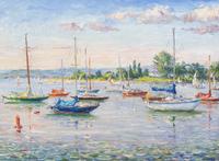 Jan Pawlowski, (Polish/American, b. 1949), Sailboats in Harbor