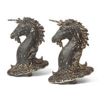 A Rare Pair of Painted Cast and Wrought-Iron Unicorn Hitching Post Finials