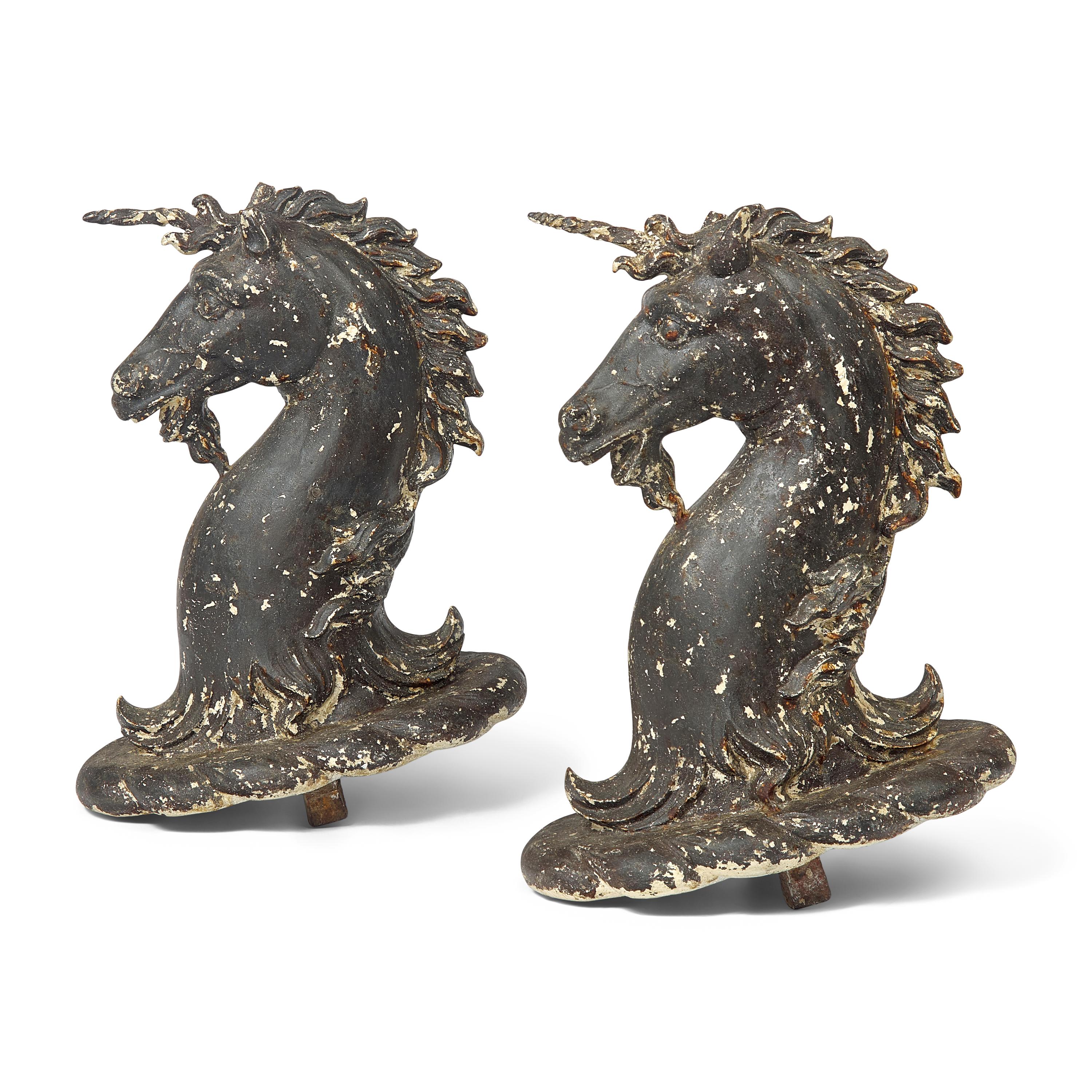 A Rare Pair of Painted Cast and Wrought-Iron Unicorn Hitching Post Finials