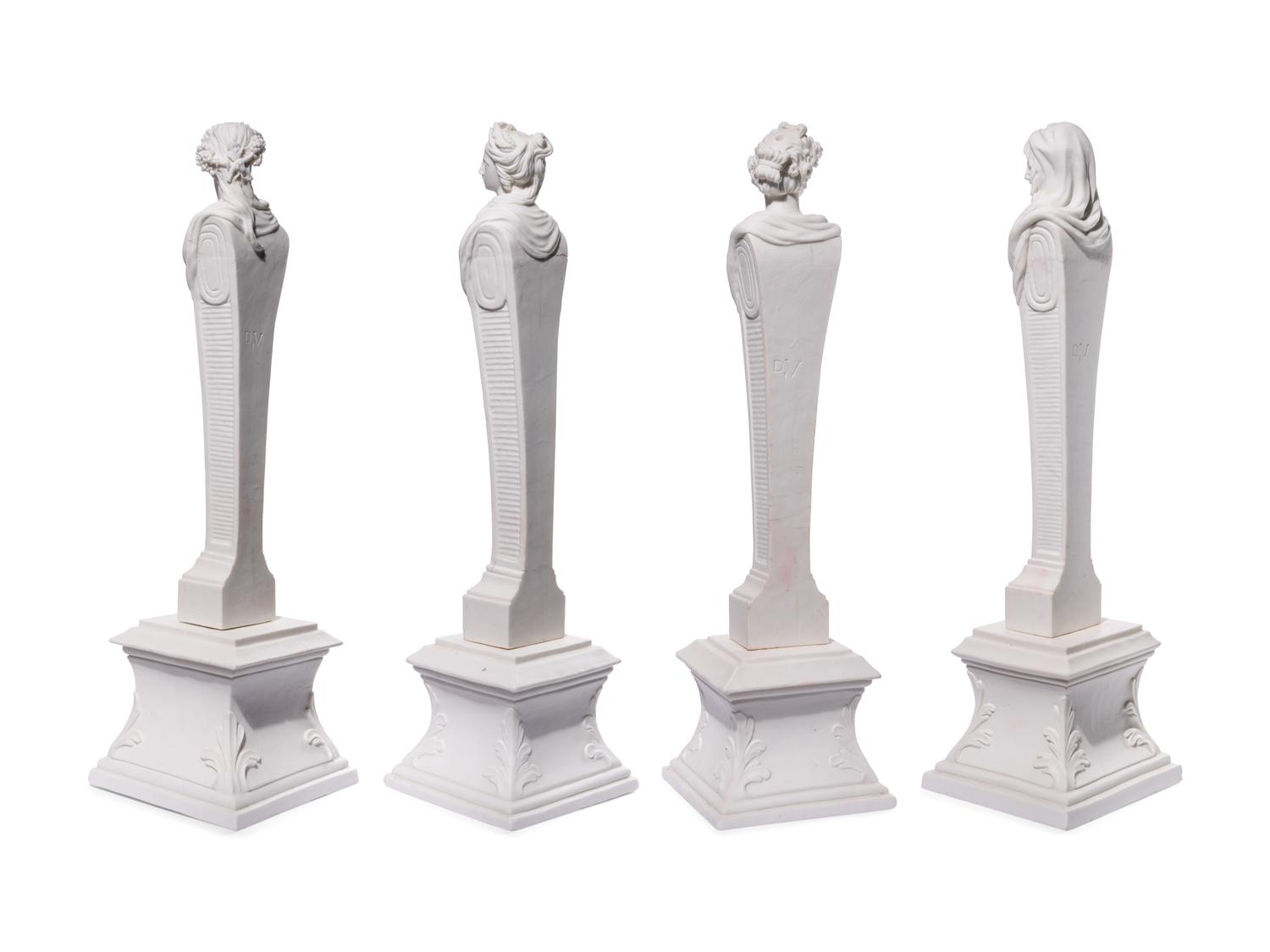 Four Mennecy Biscuit Porcelain Herm Figures Emblematic of the Seasons