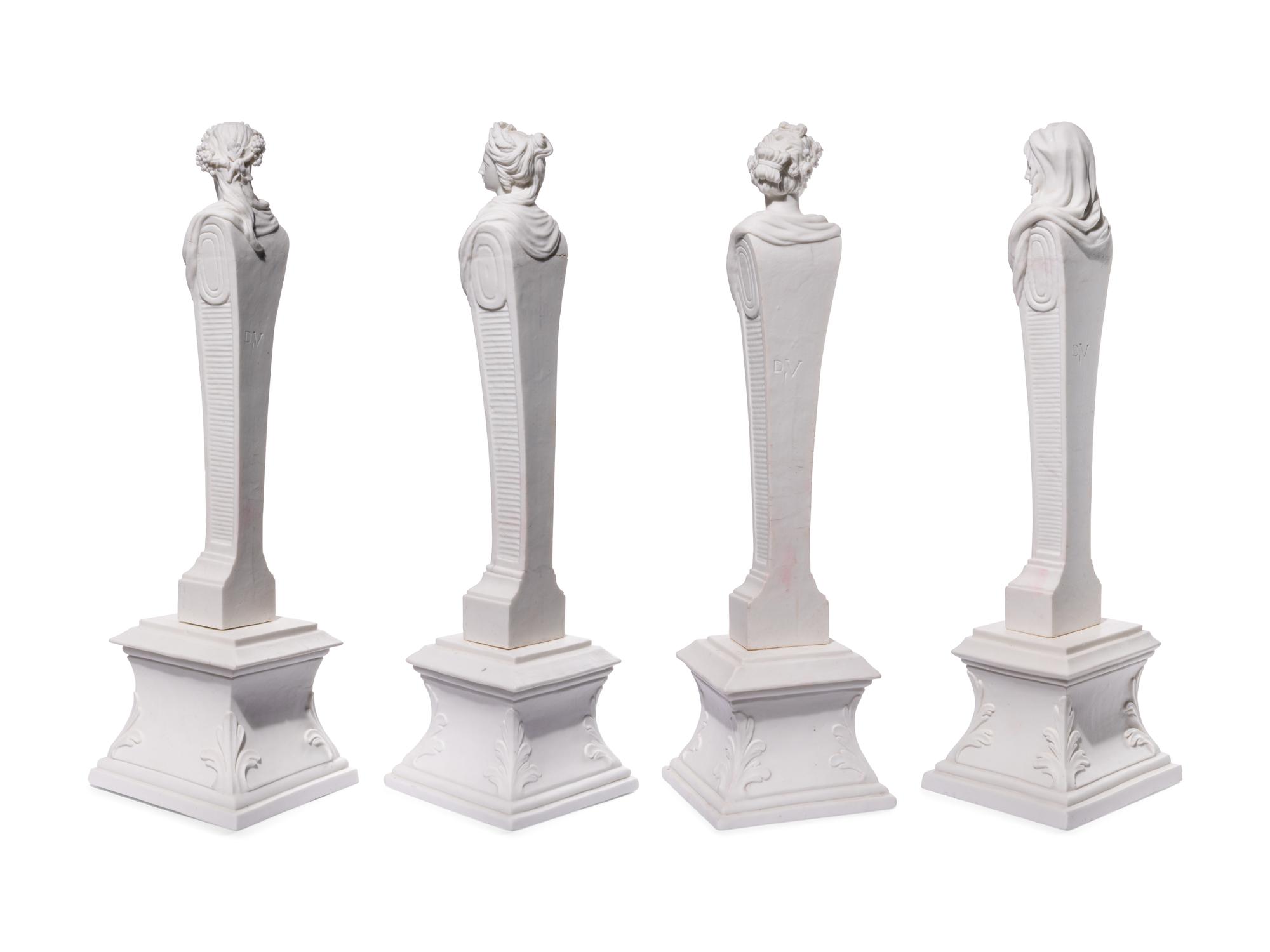 Four Mennecy Biscuit Porcelain Herm Figures Emblematic of the Seasons