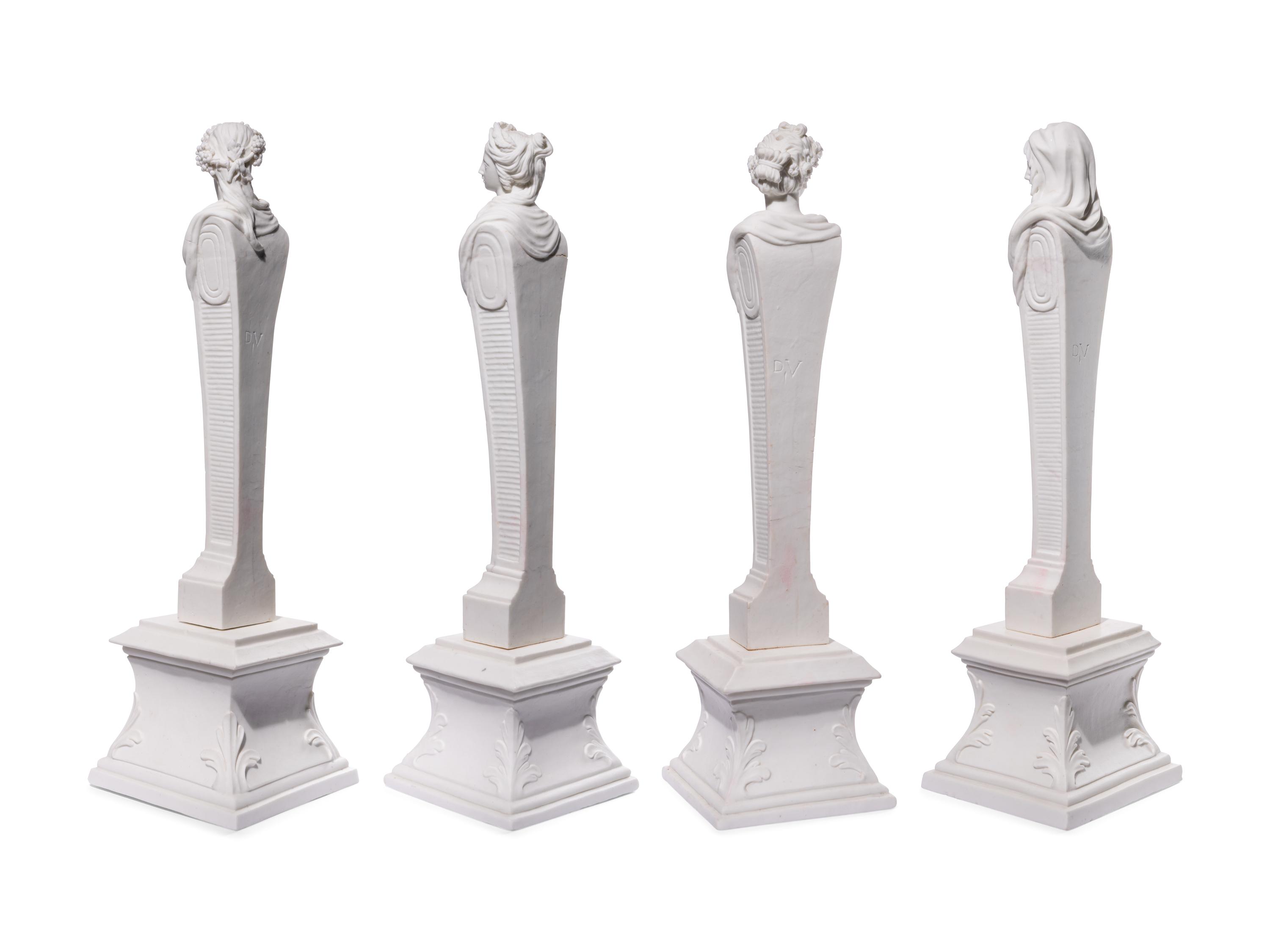 Four Mennecy Biscuit Porcelain Herm Figures Emblematic of the Seasons