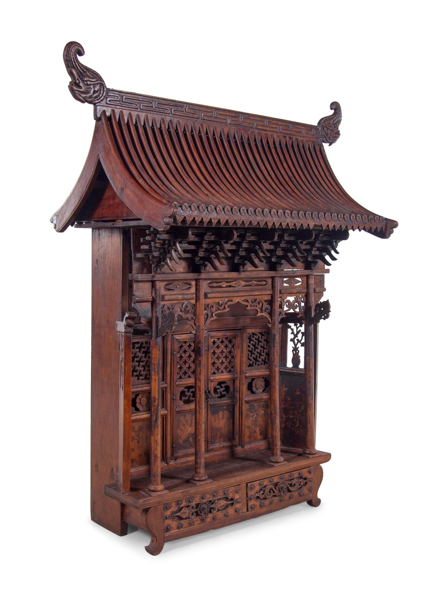 A Large Chinese Carved and Painted Wood Table-Top Shrine