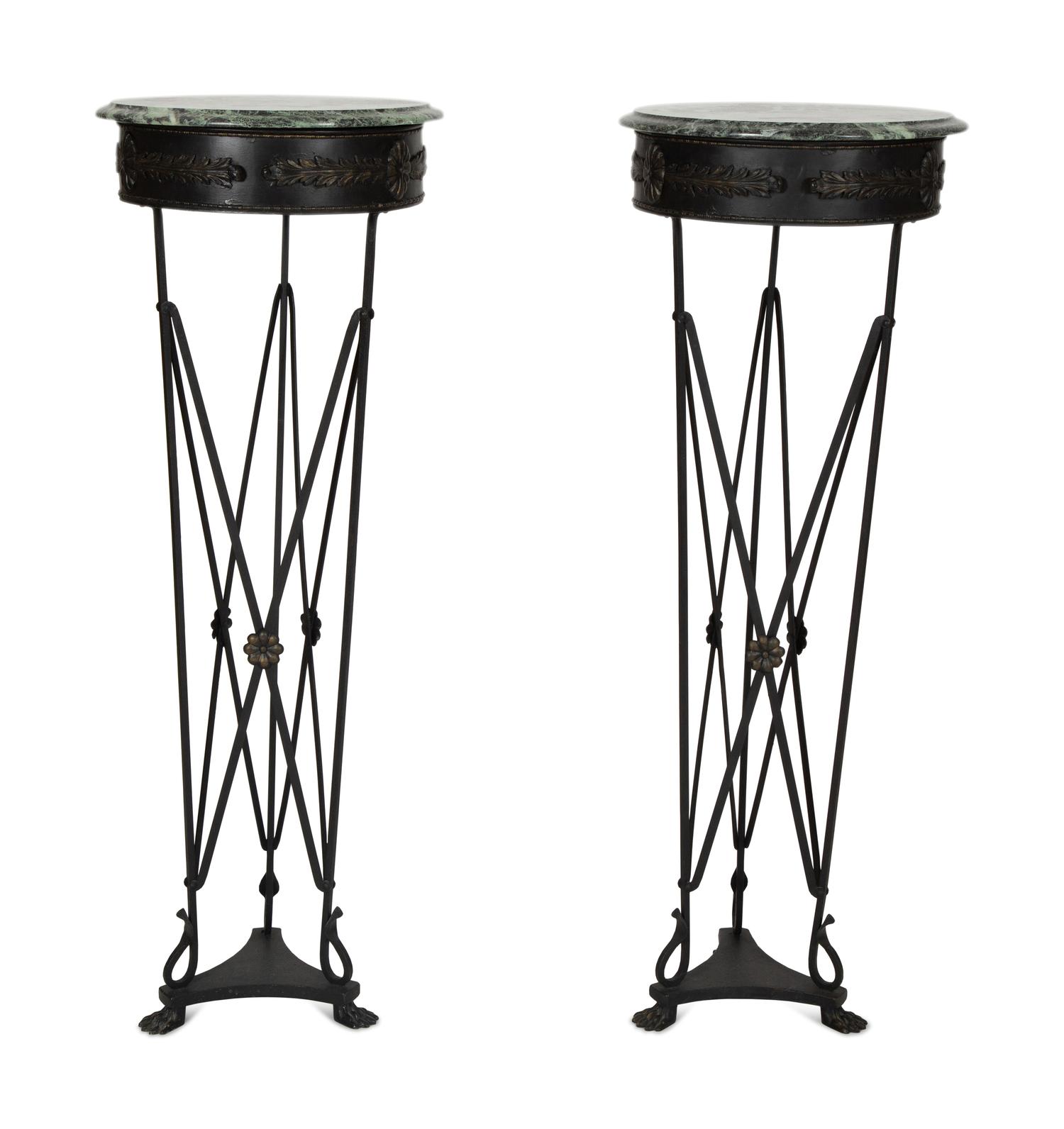 A Pair of Neoclassical Style Marble Top Patinated Metal Athéniennes