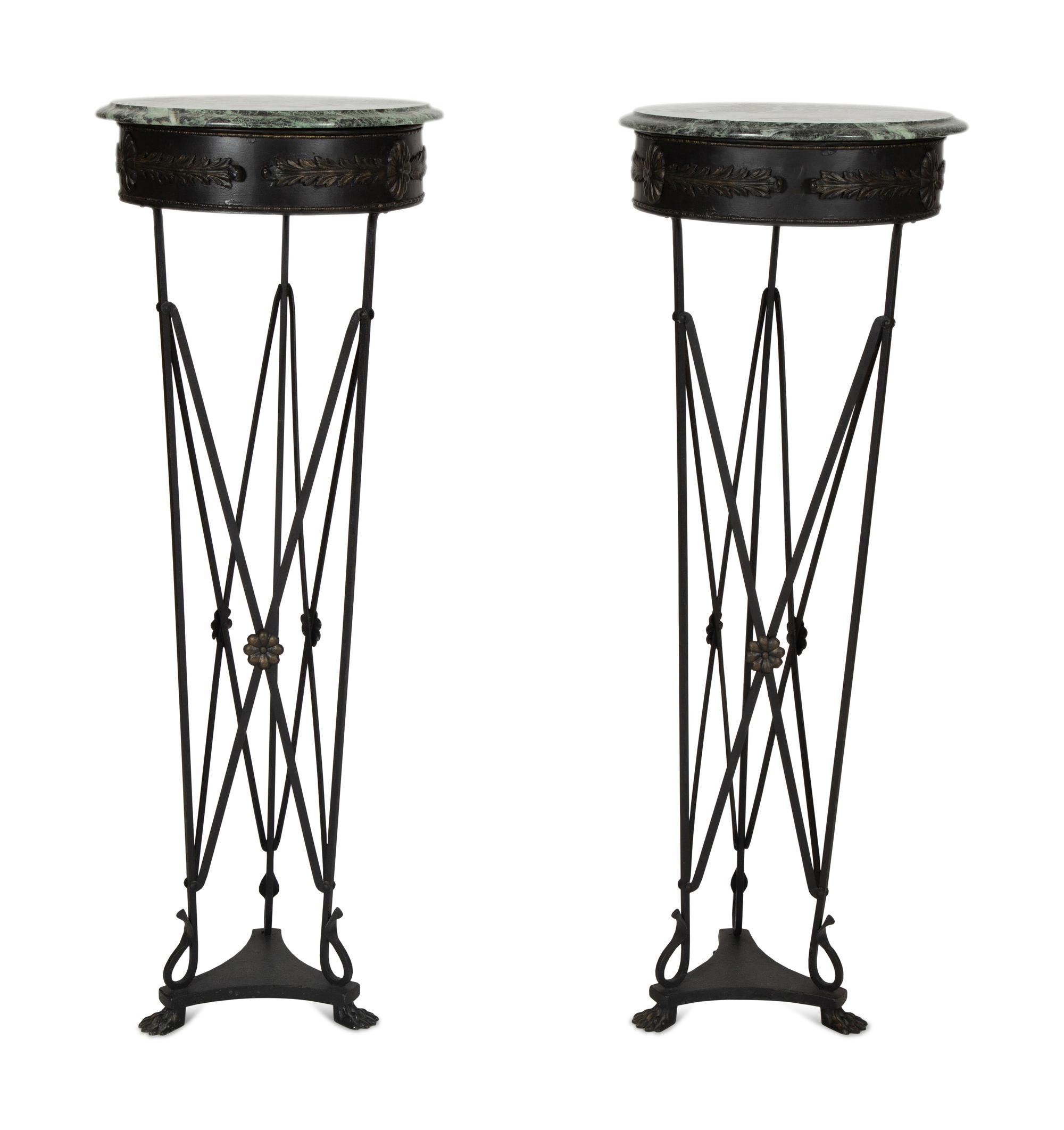 A Pair of Neoclassical Style Marble Top Patinated Metal Athéniennes