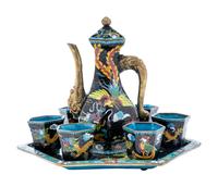A Set of Eight Chinese Cloisonné Enamel 'Dragon and Phoenix' Wine Ewer and Cups