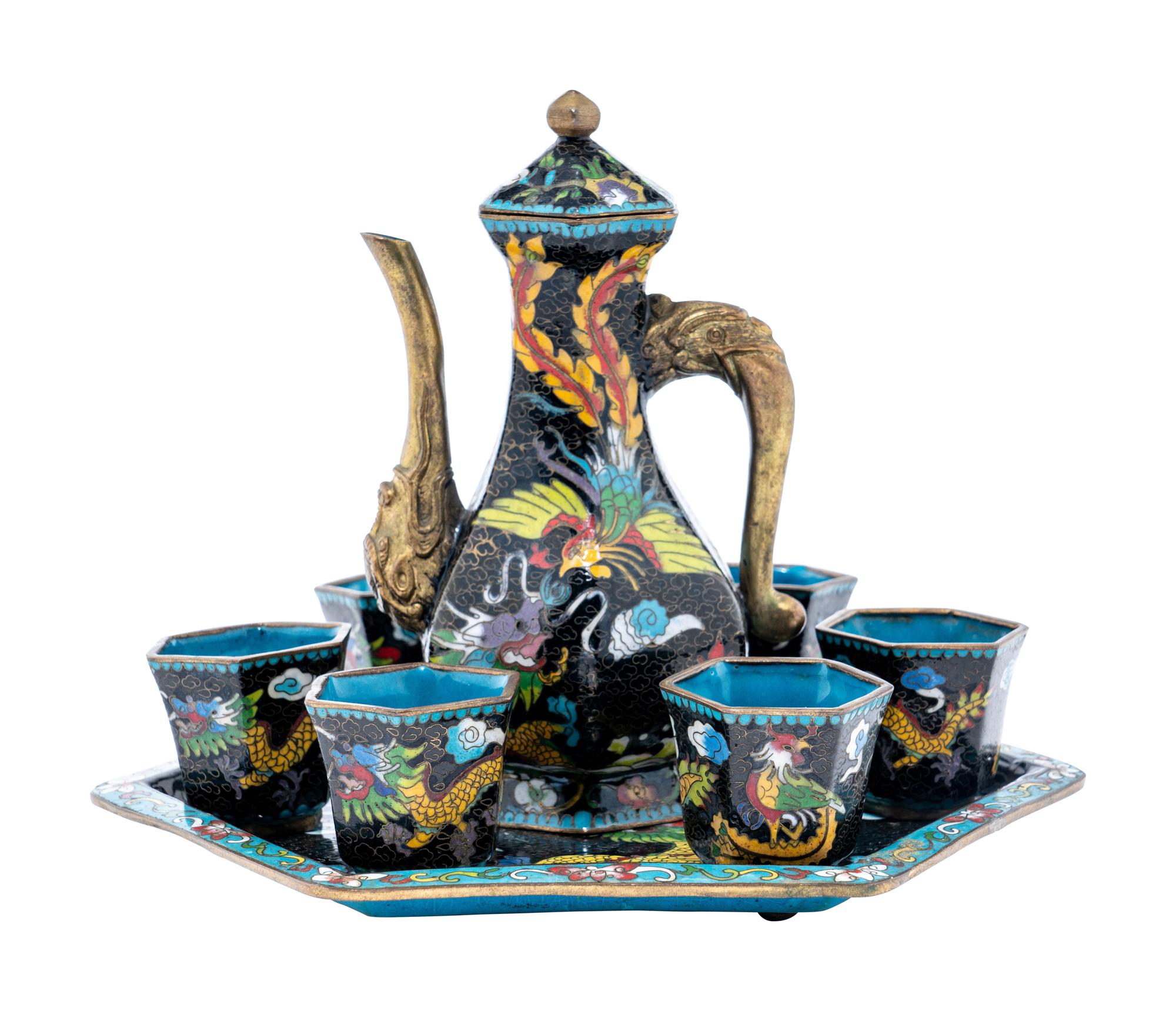 A Set of Eight Chinese Cloisonné Enamel 'Dragon and Phoenix' Wine Ewer and Cups