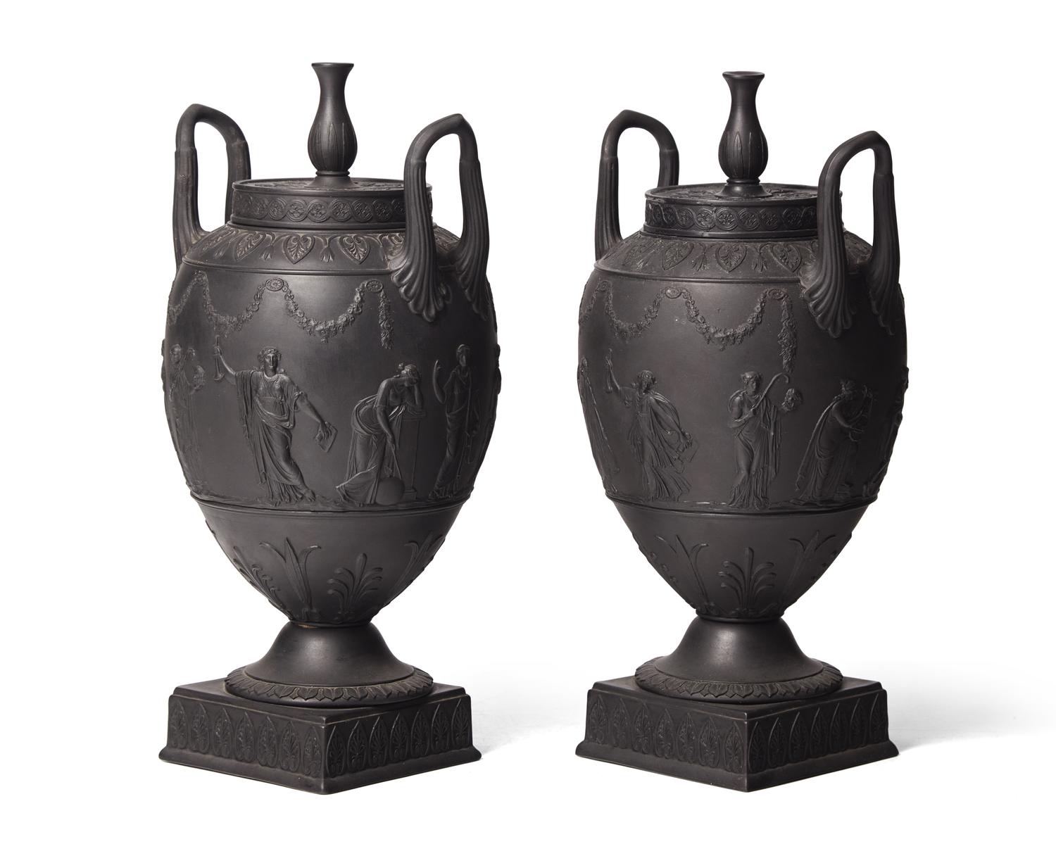 A Pair of Wedgwood Etruria Black Basalt Covered Urns