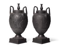 A Pair of Wedgwood Etruria Black Basalt Covered Urns