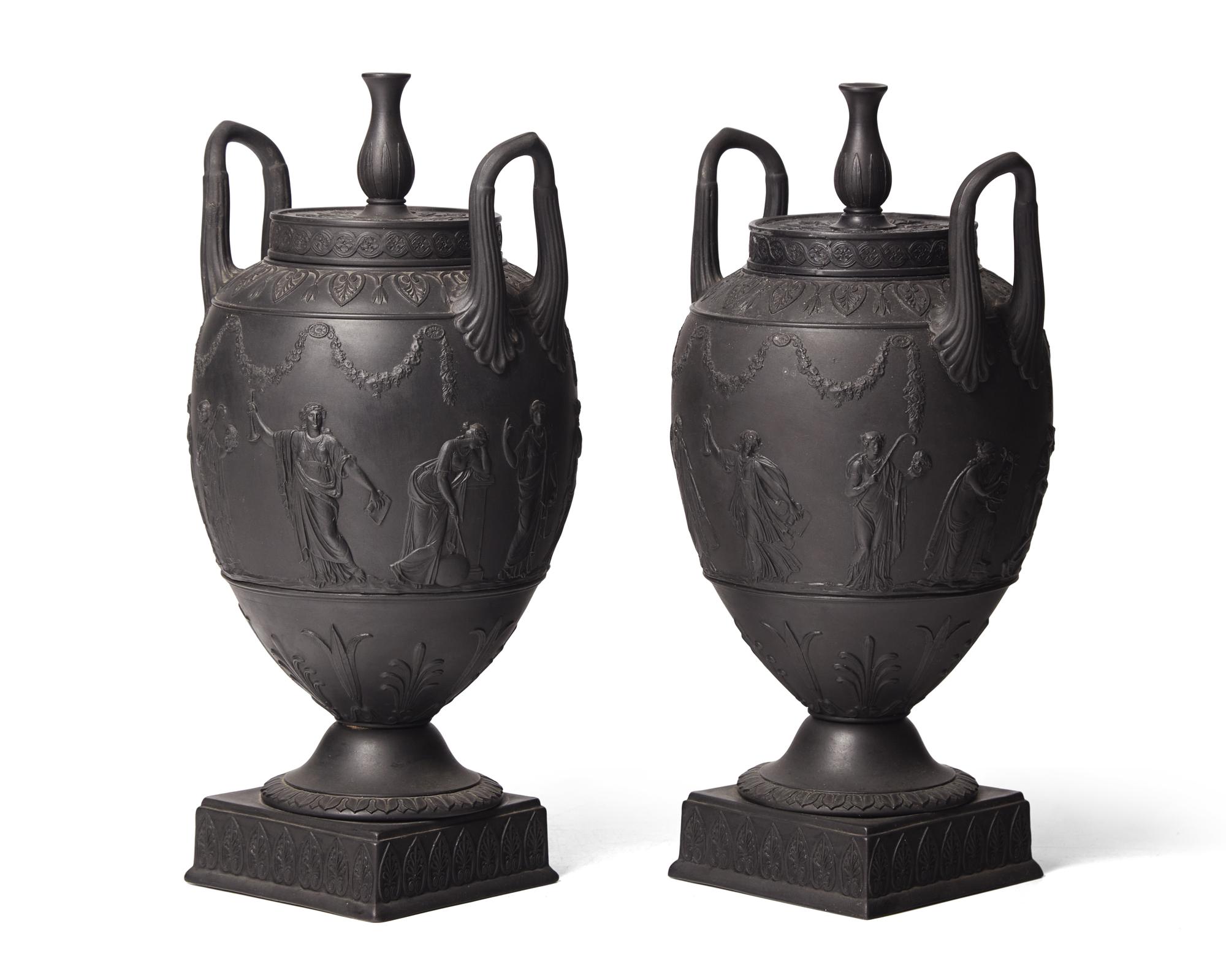 A Pair of Wedgwood Etruria Black Basalt Covered Urns