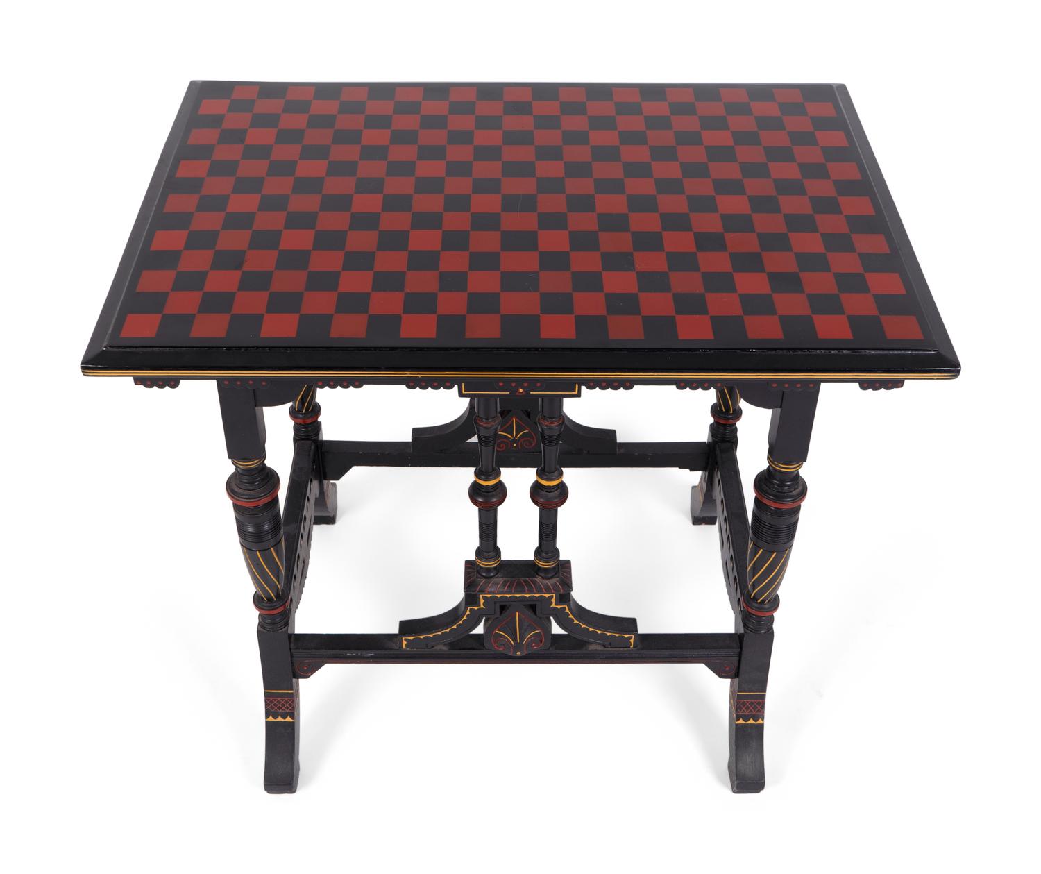 An Eastlake Ebonized Side Table with Red and Black Checkered Top — 19TH CENTURY