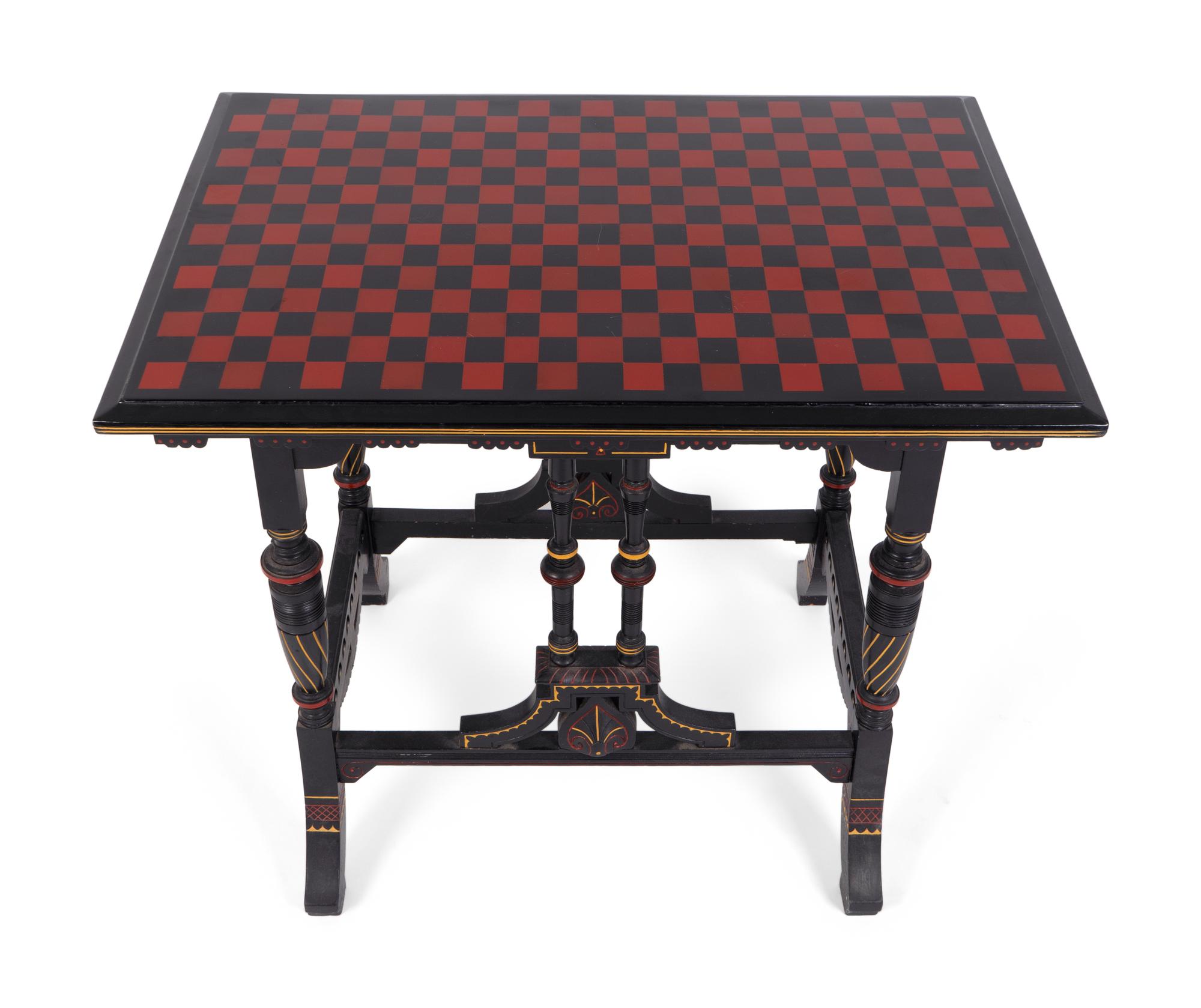 An Eastlake Ebonized Side Table with Red and Black Checkered Top — 19TH CENTURY
