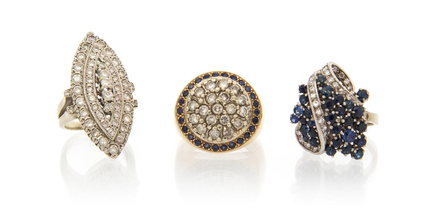 A Collection of Gold, Sapphire, and Diamond Rings, 24.70 dwts.