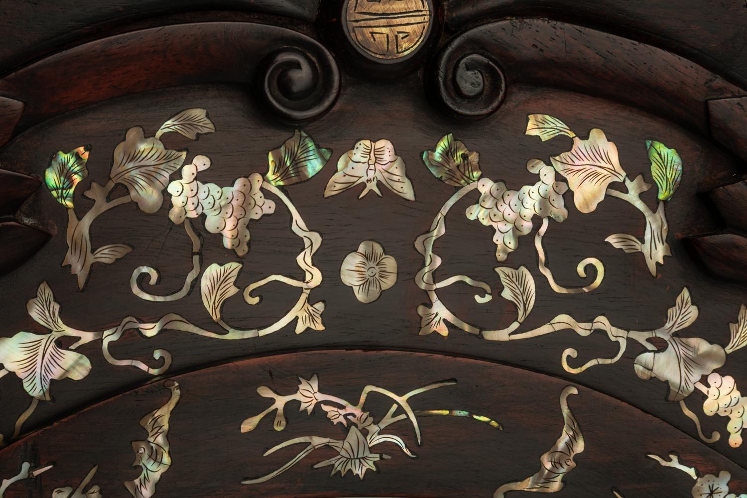 A Chinese Mother-of-Pearl Inlaid Sandalwood 'Longevity' Mantel Clock