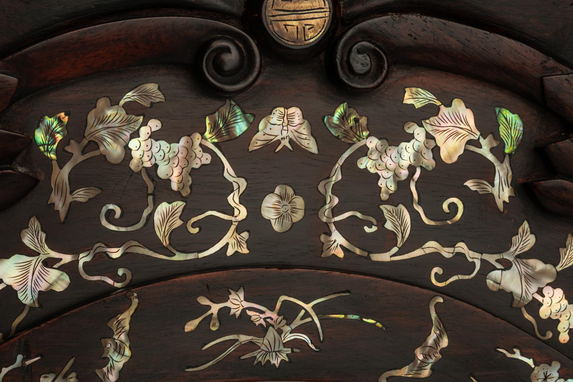A Chinese Mother-of-Pearl Inlaid Sandalwood 'Longevity' Mantel Clock