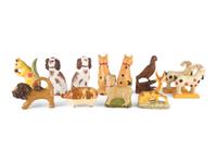 Twelve Contemporary Chalkware, Redware and Folk Carved Animal Figures