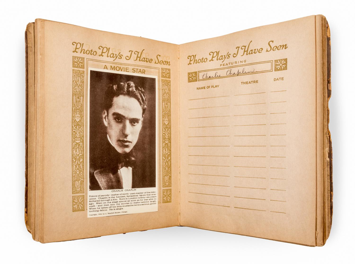 (EARLY CINEMA) Scrapbook containing photo reproductions of famous film stars of the early 20th century. Chicago, 1915