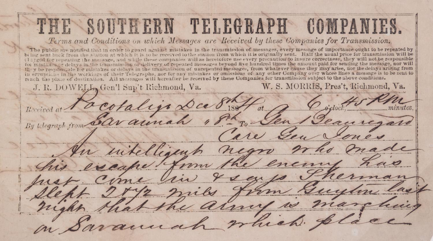 (CIVIL WAR; SOUTH CAROLINA) Three telegrams sent between Dec. 12, 1862 and March 1, 1864.