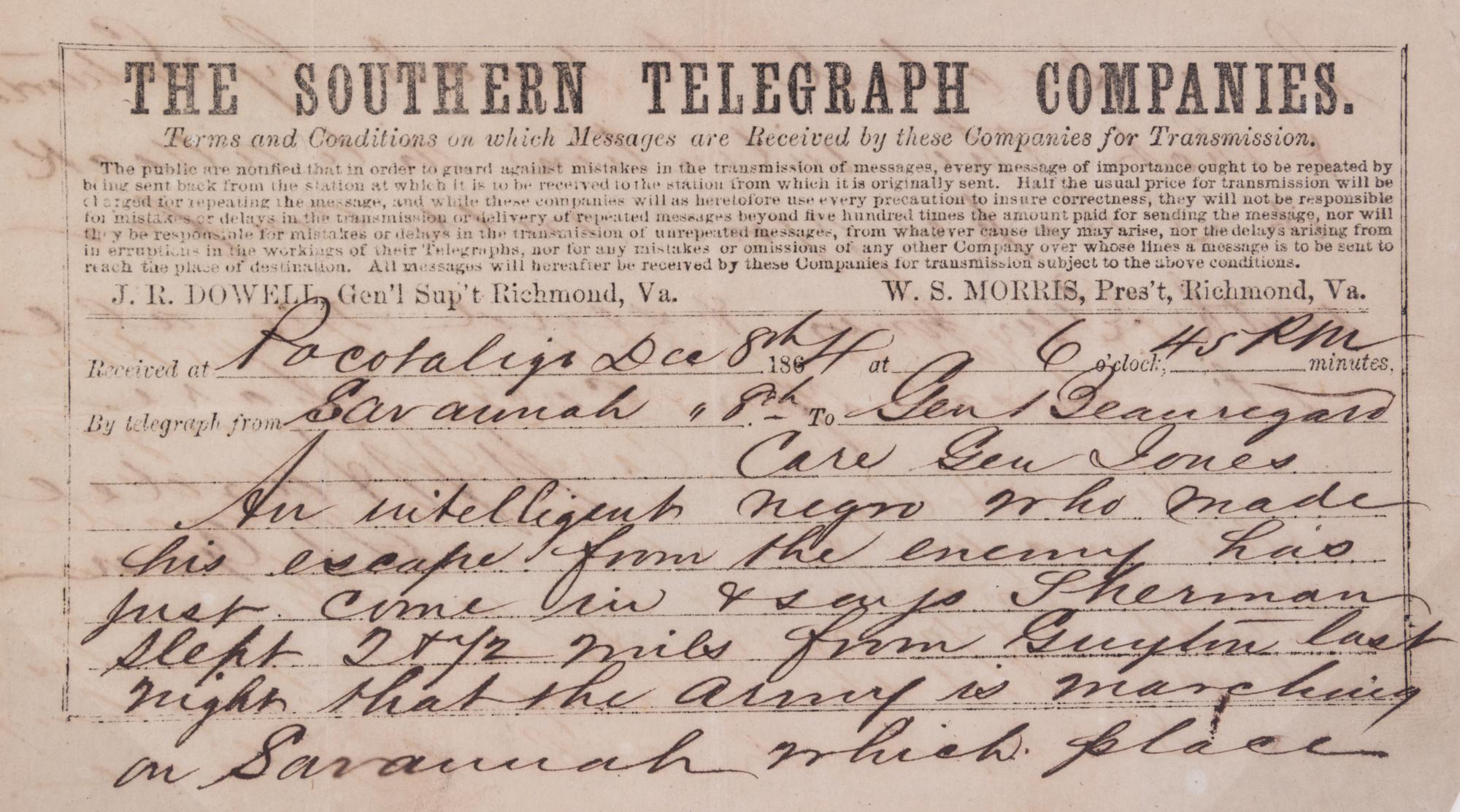 (CIVIL WAR; SOUTH CAROLINA) Three telegrams sent between Dec. 12, 1862 and March 1, 1864.