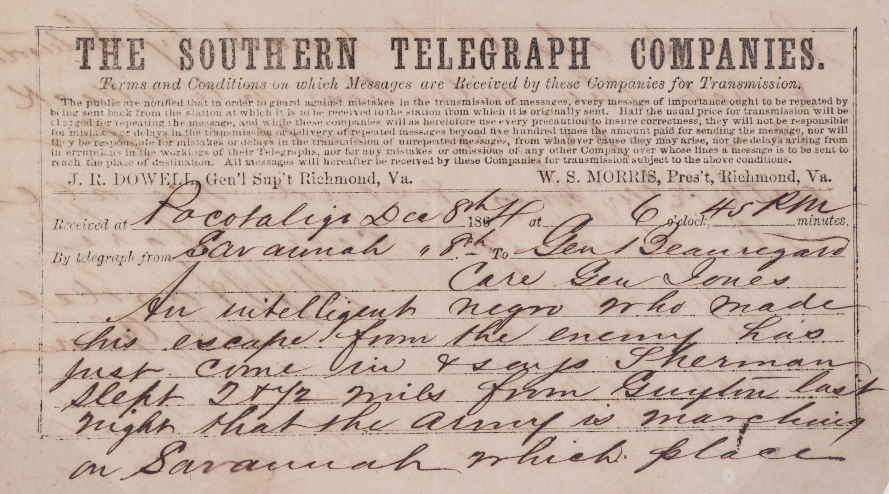 (CIVIL WAR; SOUTH CAROLINA) Three telegrams sent between Dec. 12, 1862 and March 1, 1864.