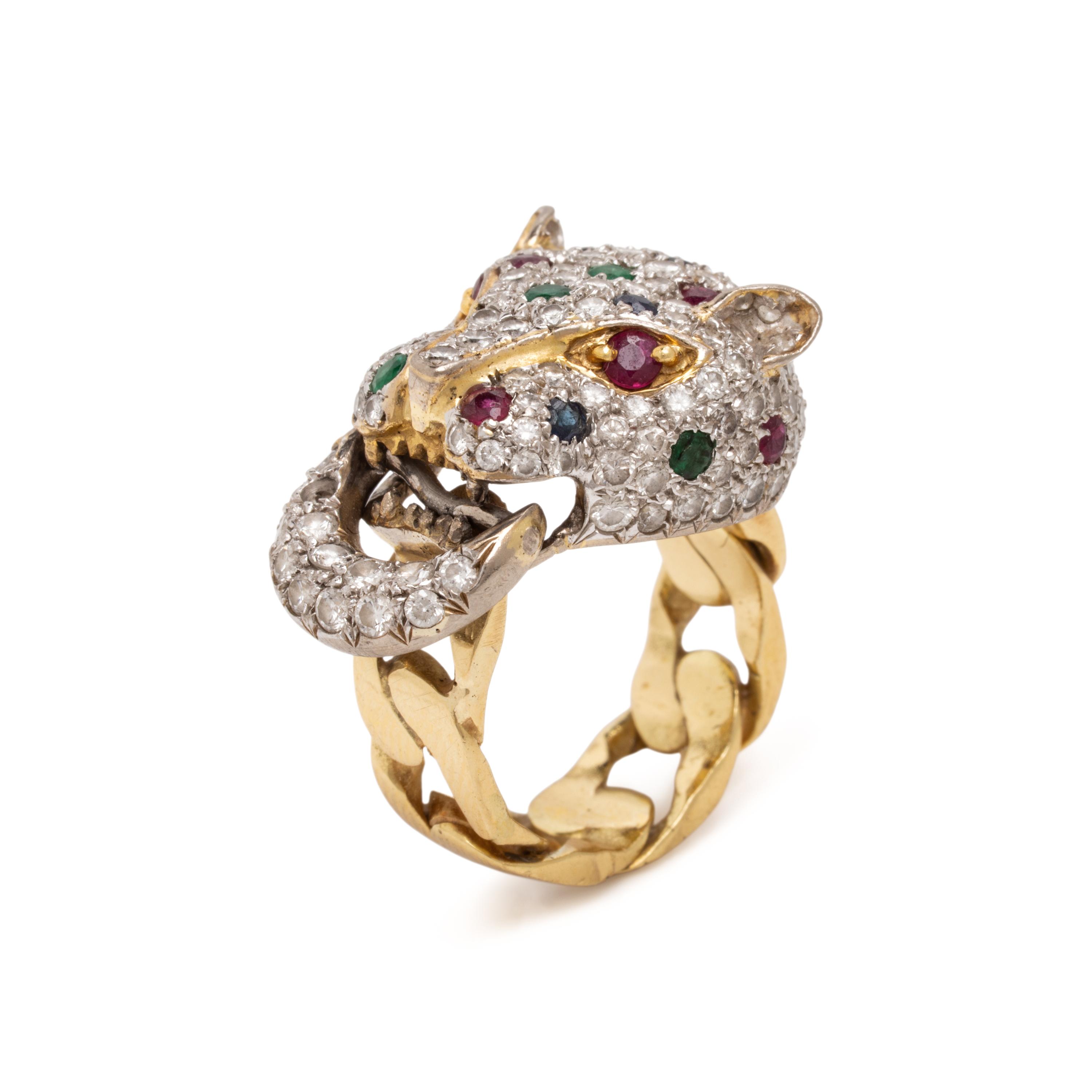 Diamond, Ruby, Emerald, and Sapphire Panther Door Knocker Ring