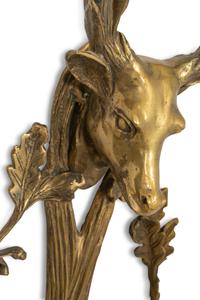A Pair of English Brass Stag Head and Hunting Horn Sconces