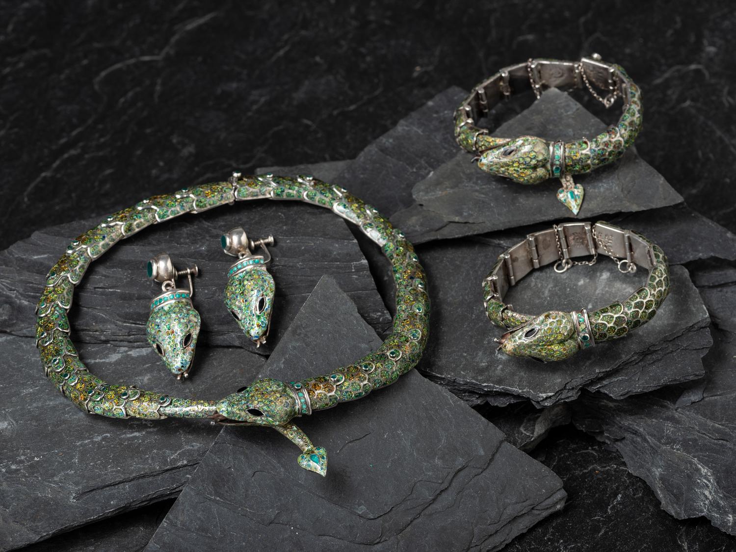 Taxco Sterling Silver and Enamel Serpent Necklace, Bracelets, and Earring Suite, 1955-1978