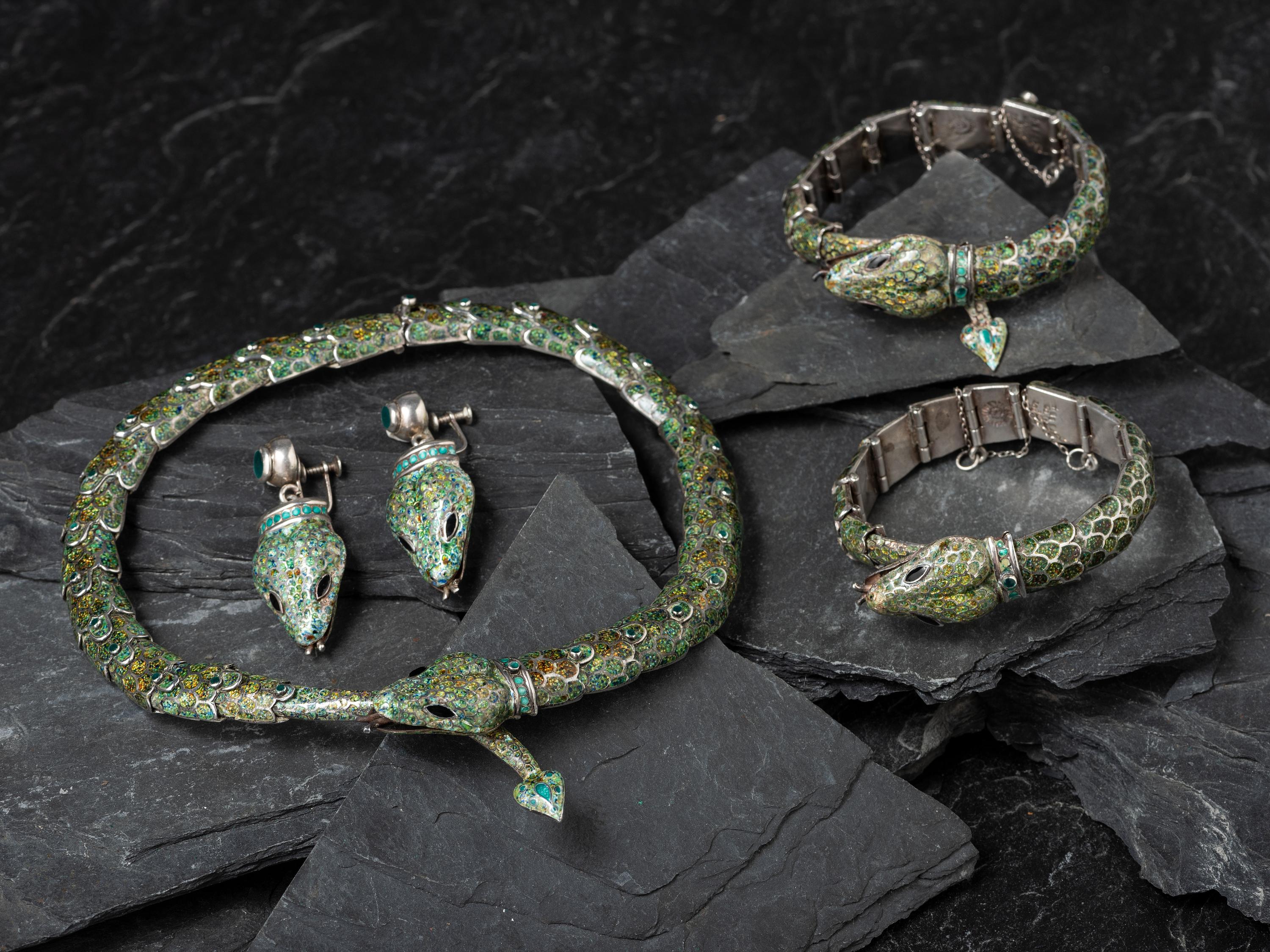 Taxco Sterling Silver and Enamel Serpent Necklace, Bracelets, and Earring Suite, 1955-1978