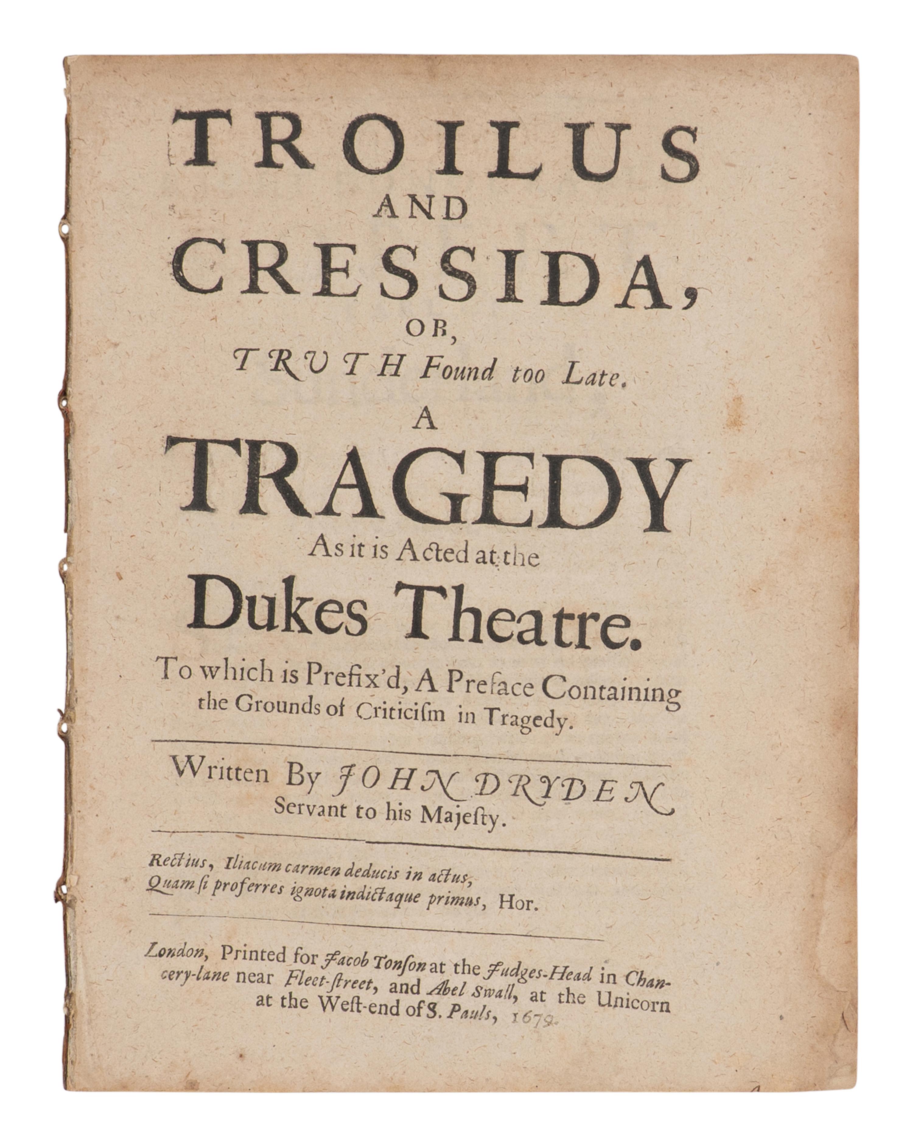 [SHAKESPEARE, William (1564-1616)]. -- SHADWELL, Thomas (1642-1692). The History of Timon of Athens, the Man-Hater. As it is acted at the Duke’s Theatre . London: printed by J[ohn]. M[acock]. for Henry Herringman, 1688.