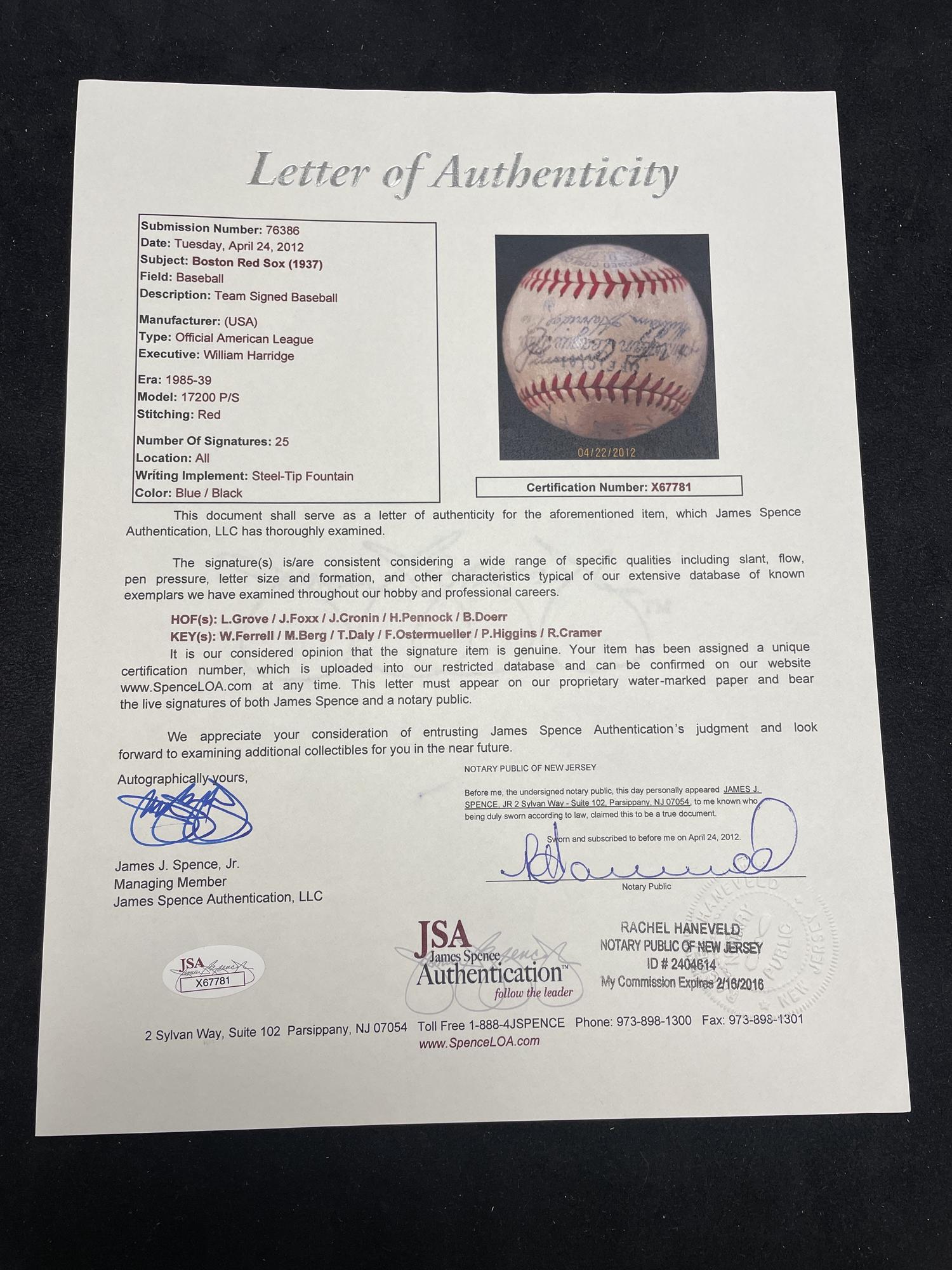 A 1937 Boston Red Sox Team Signed Autograph Baseball Featuring Jimmie Foxx and Lefty Grove (JSA Letter of Authenticity),