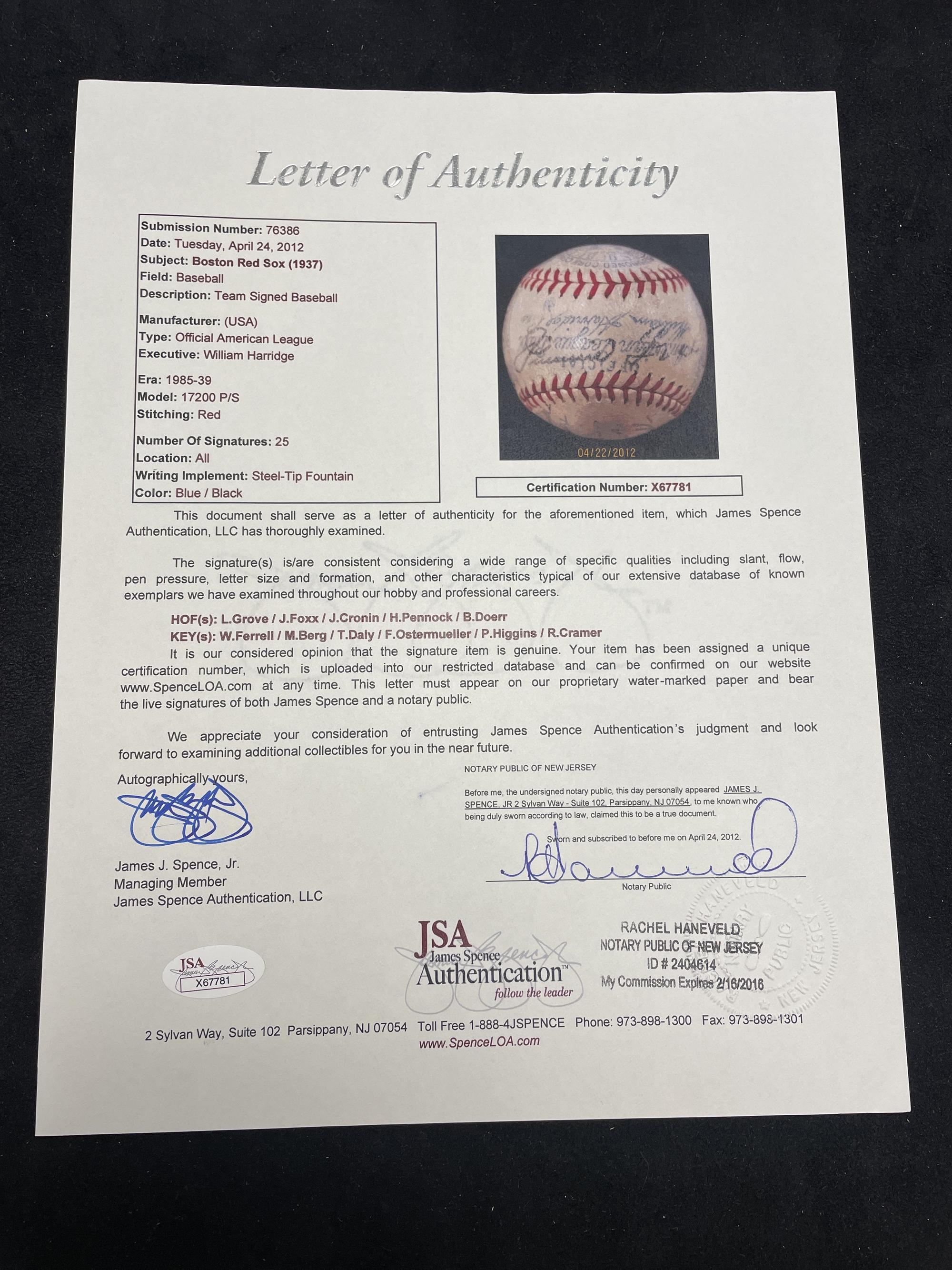 A 1937 Boston Red Sox Team Signed Autograph Baseball Featuring Jimmie Foxx and Lefty Grove (JSA Letter of Authenticity),