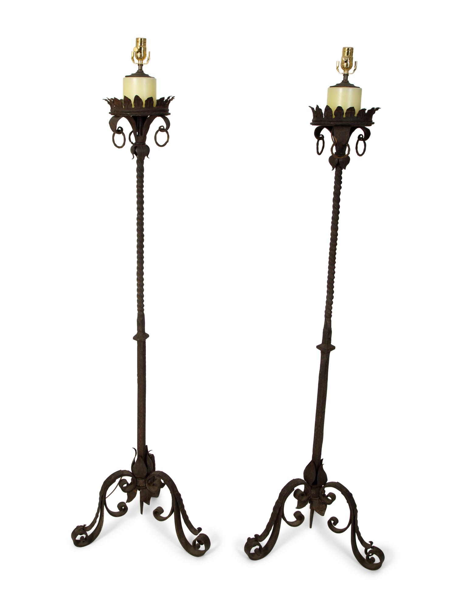 A Pair of Continental Wrought Iron Torcheres Mounted as Floor Lamps — 19TH/20TH CENTURY
