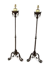 A Pair of Continental Wrought Iron Torcheres Mounted as Floor Lamps — 19TH/20TH CENTURY