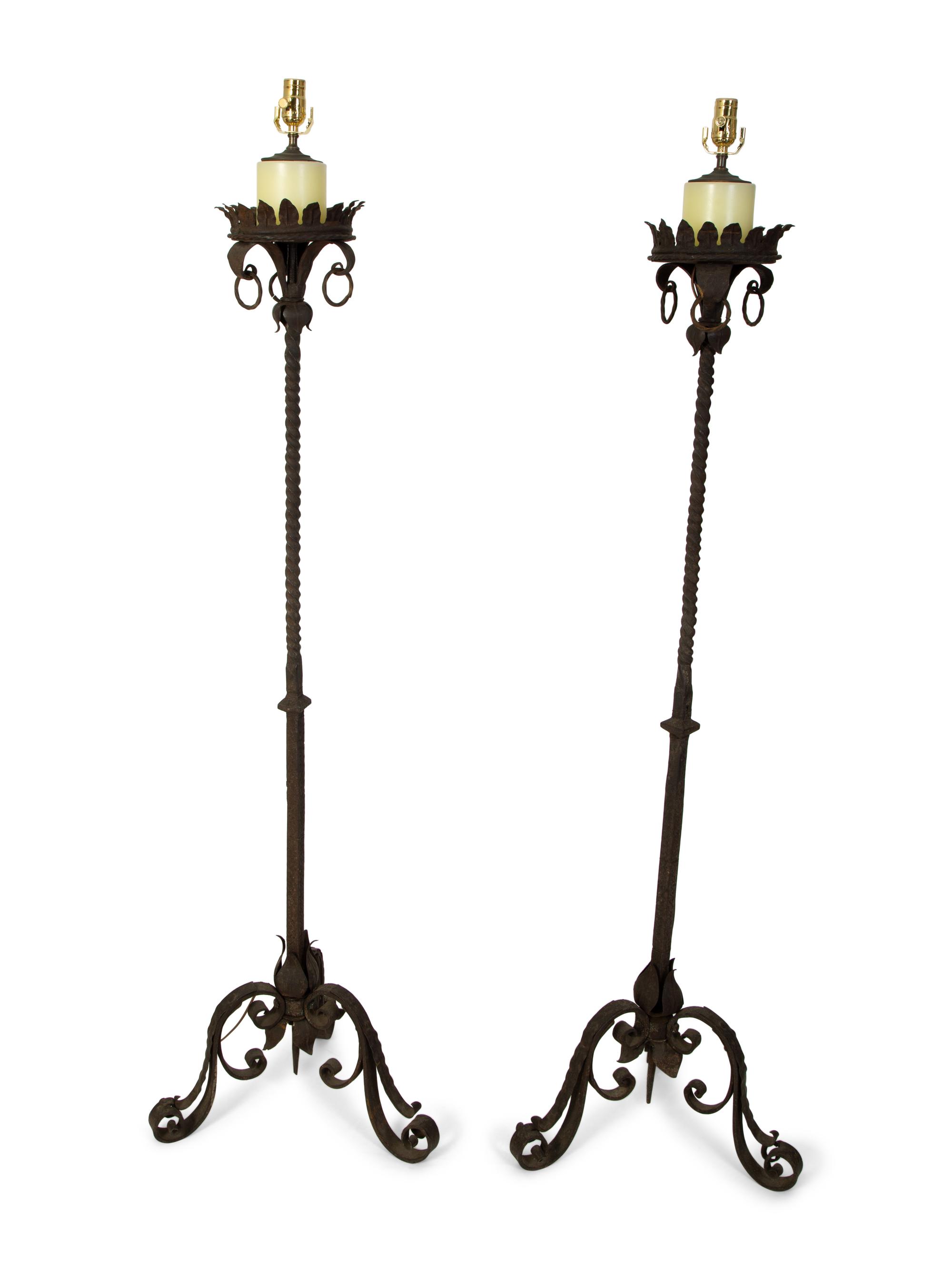 A Pair of Continental Wrought Iron Torcheres Mounted as Floor Lamps — 19TH/20TH CENTURY