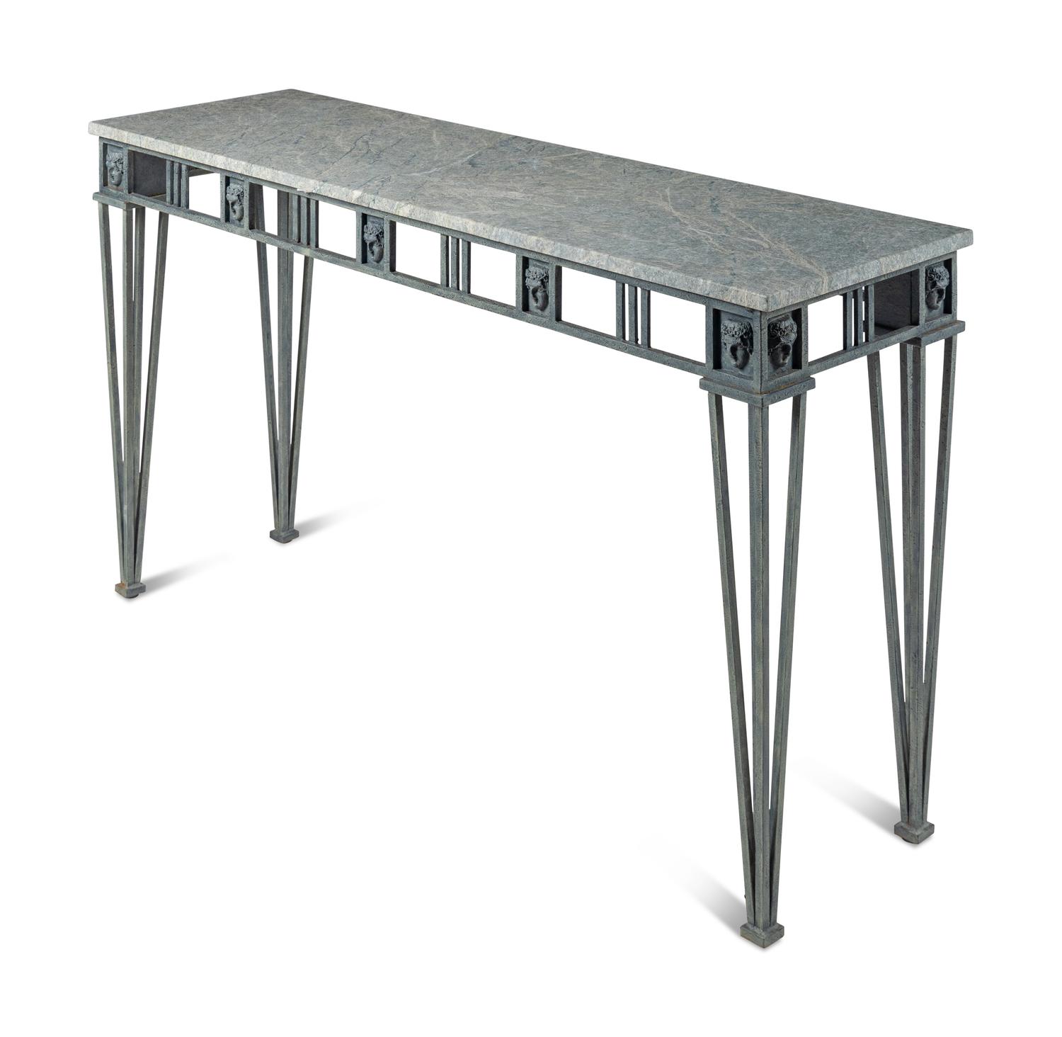 A Contemporary Patinated Metal and Marble-Top Console Table