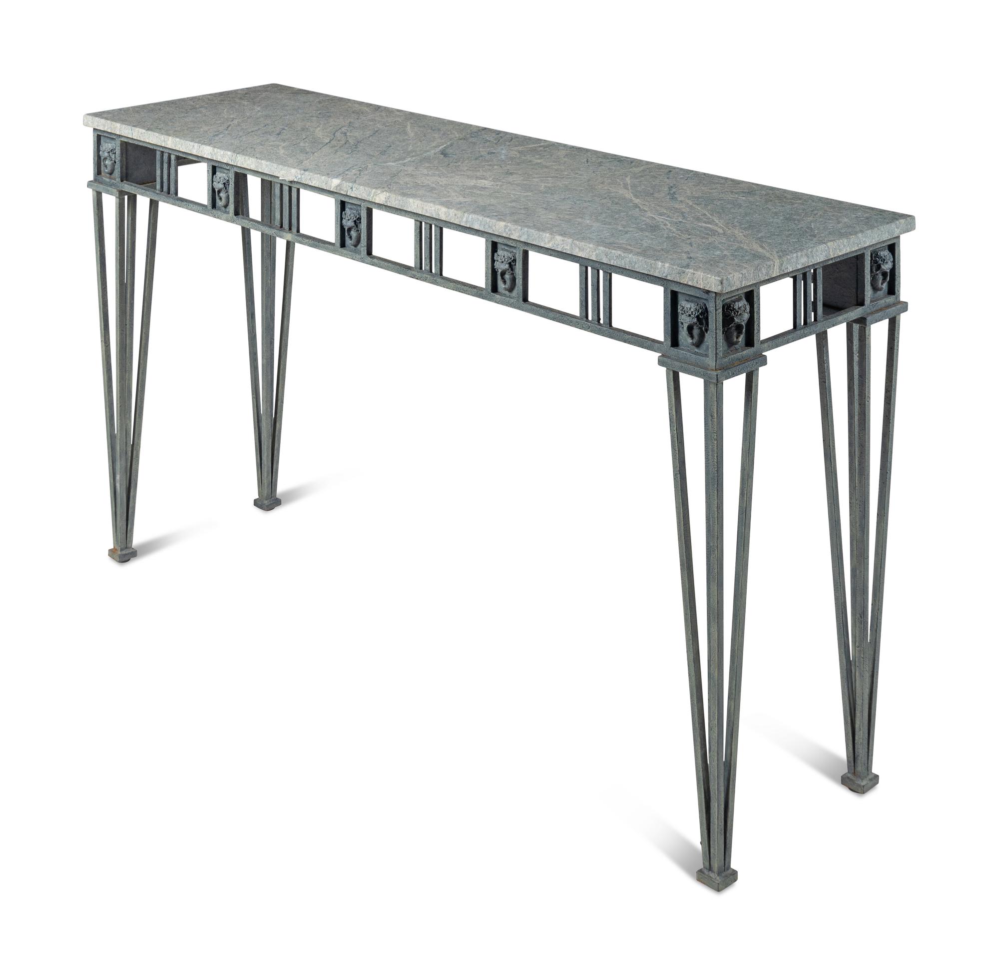 A Contemporary Patinated Metal and Marble-Top Console Table