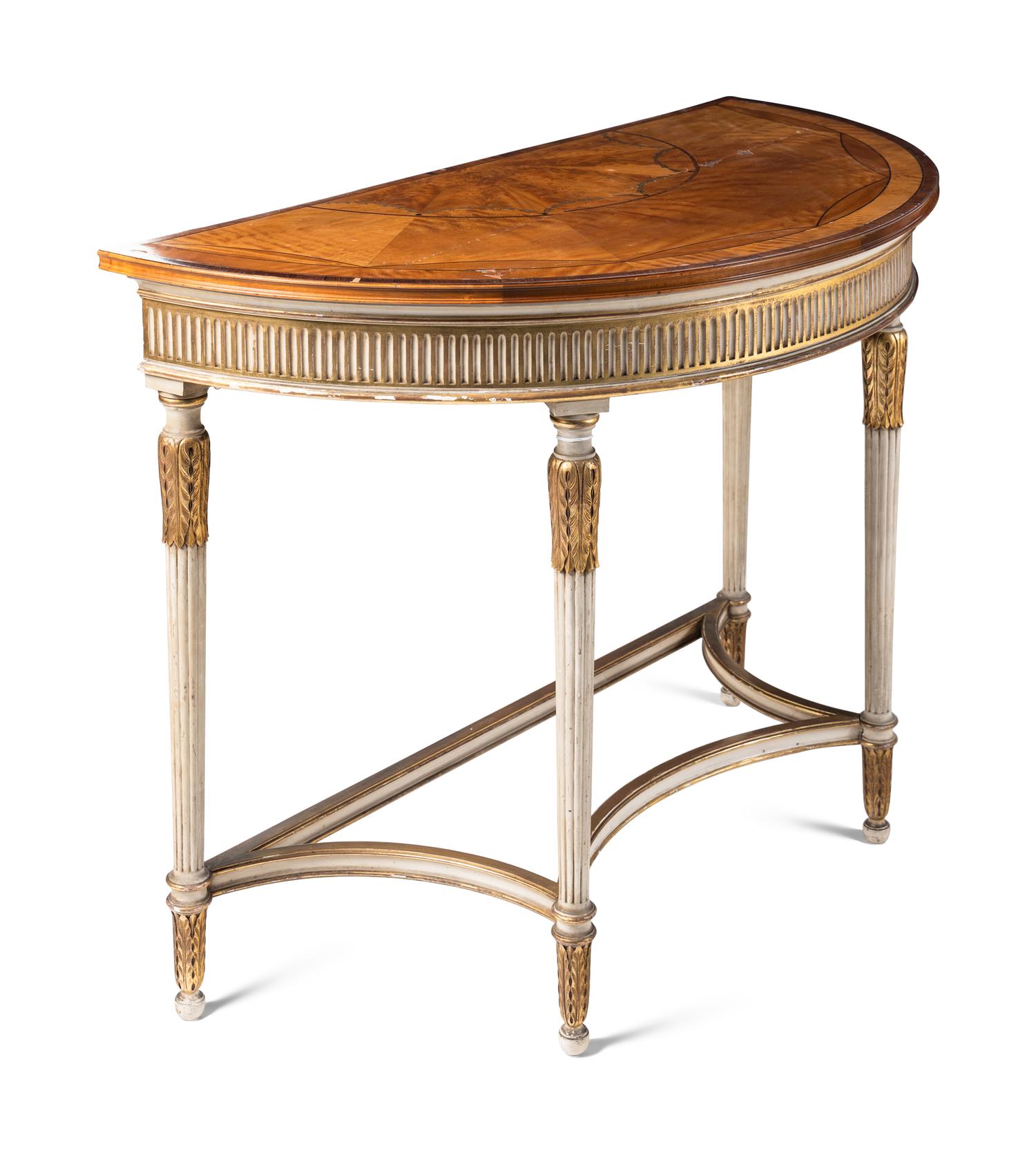 A Pair of George III Style Painted and Parcel Gilt Satinwood and Marquetry Demilune Console Tables