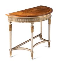 A Pair of George III Style Painted and Parcel Gilt Satinwood and Marquetry Demilune Console Tables