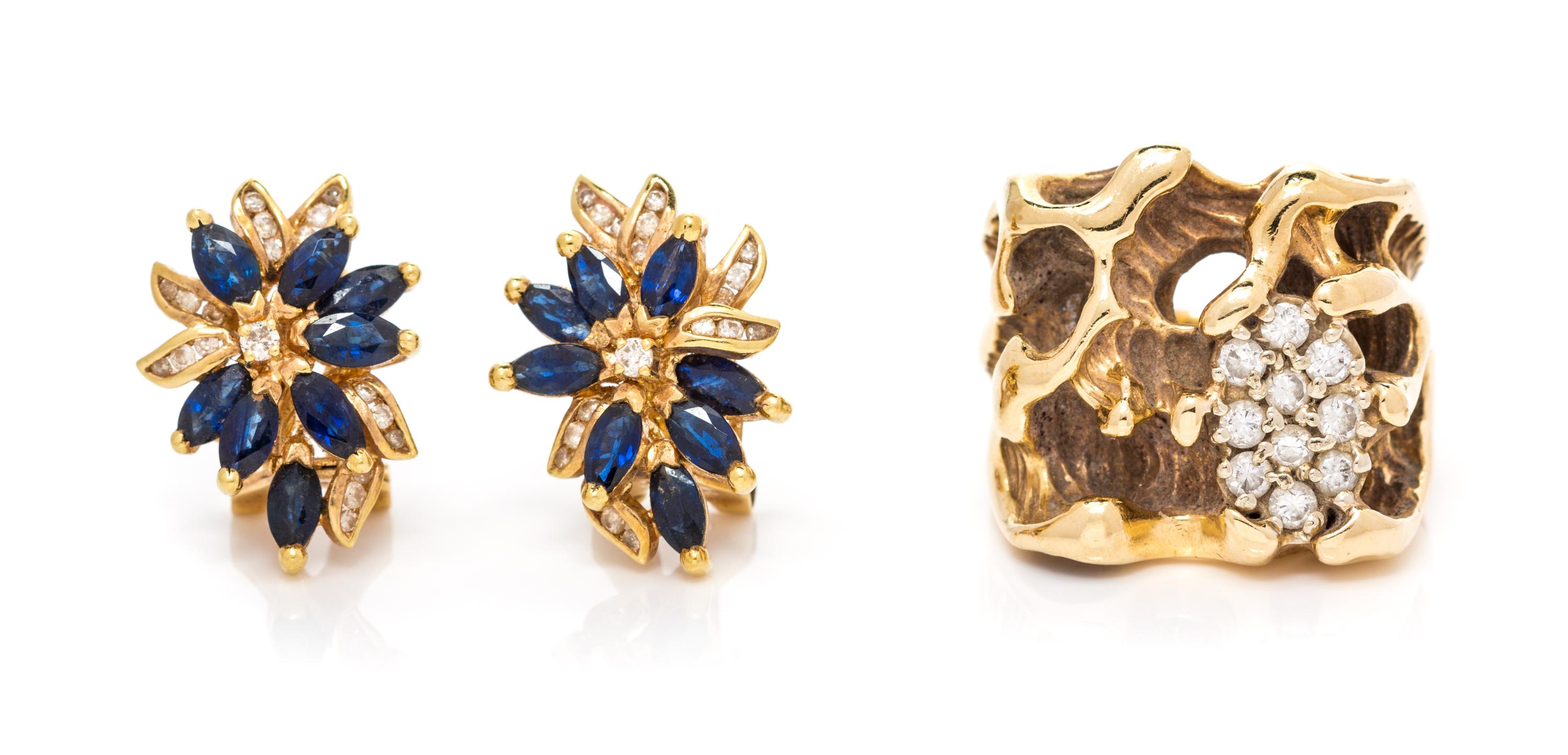 A Collection of Yellow Gold and Diamond Jewelry, 18.90 dwts.