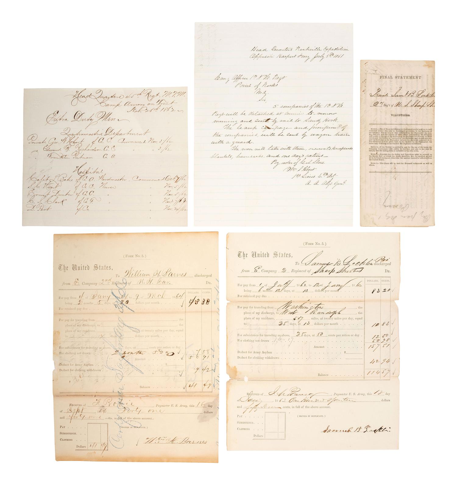 [CIVIL WAR]. A group of documents related to New England soldiers and regiments.