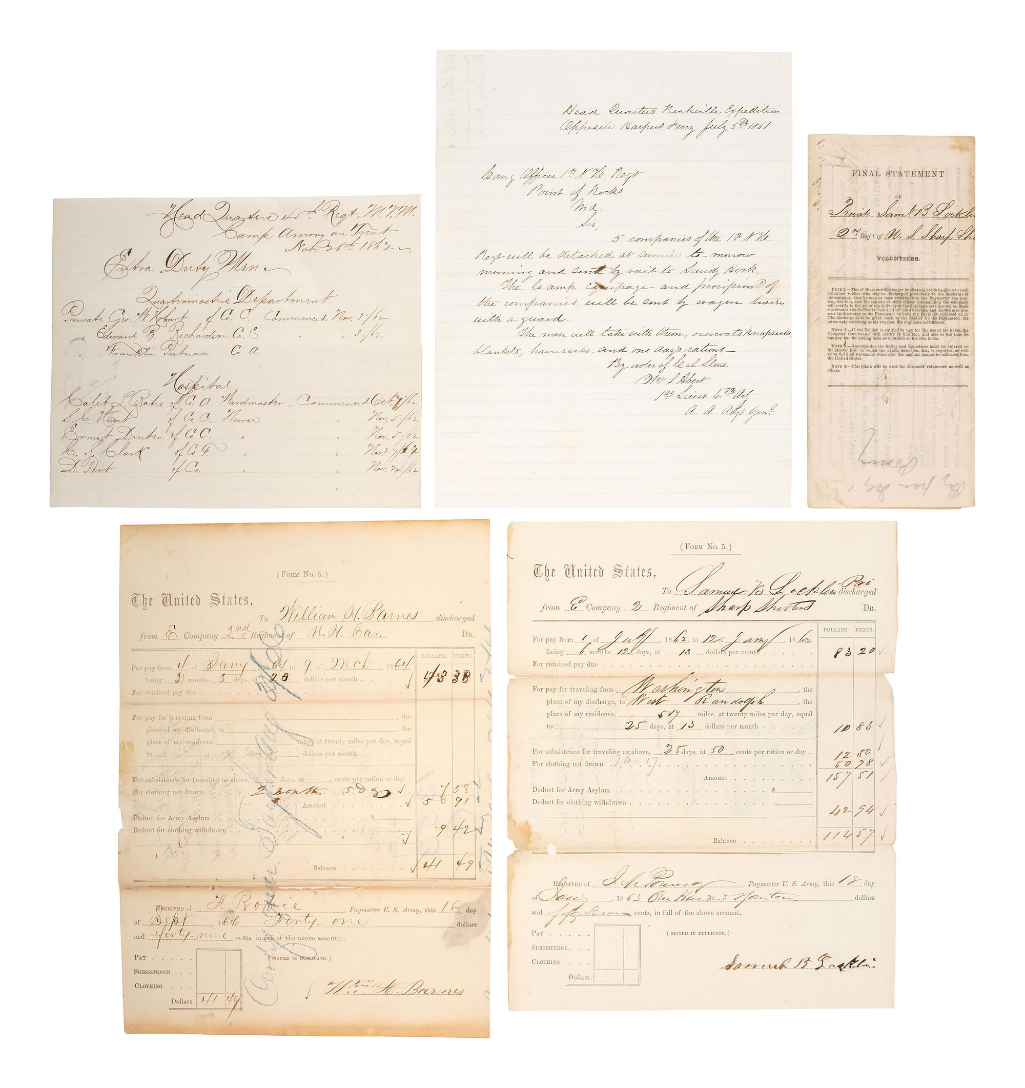 [CIVIL WAR]. A group of documents related to New England soldiers and regiments.