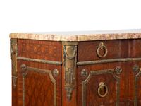A Louis XVI Style Marquetry, Gilt Bronze and Marble Top Three-Drawer Commode — LATE 19TH CENTURY