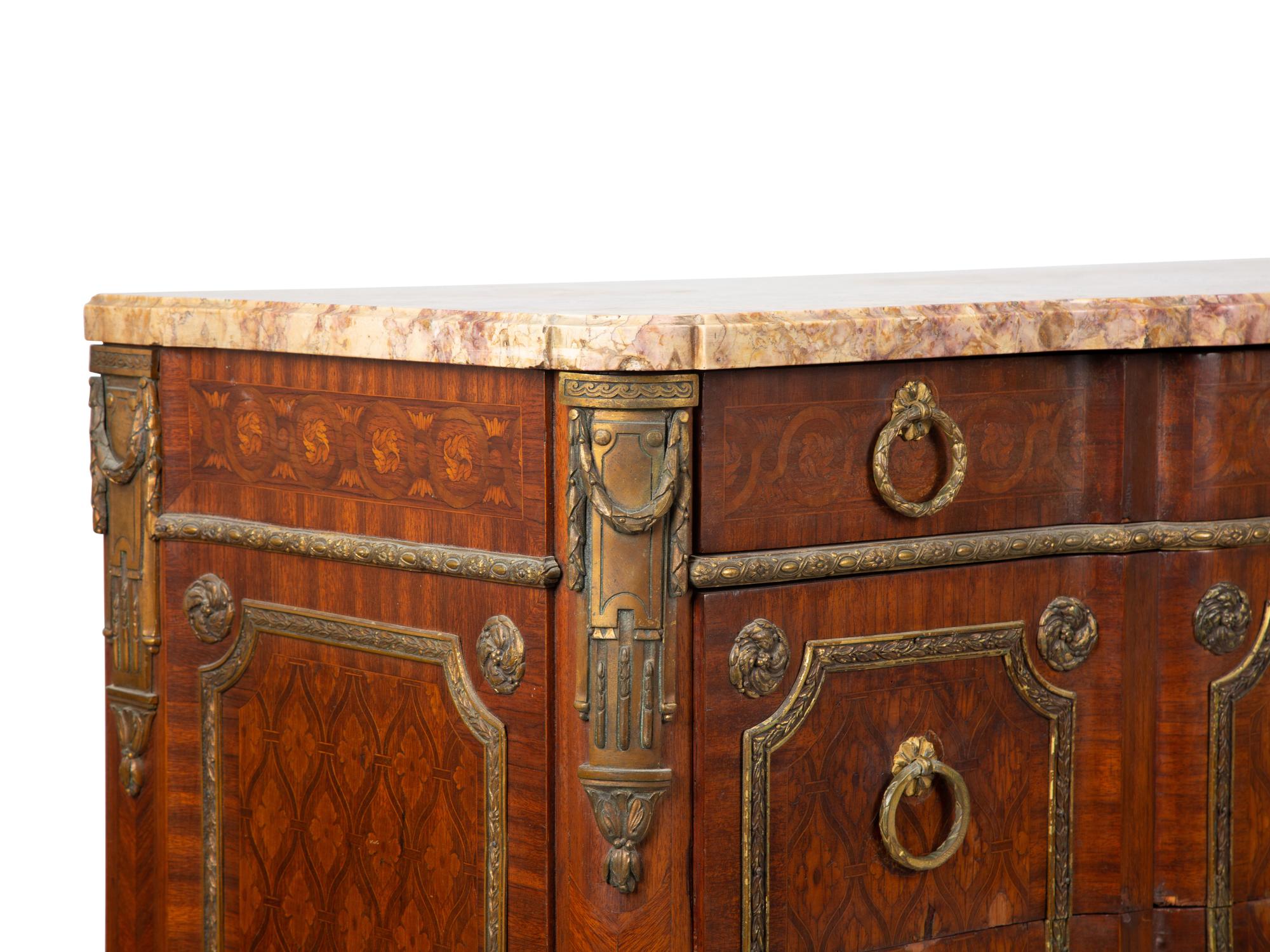 A Louis XVI Style Marquetry, Gilt Bronze and Marble Top Three-Drawer Commode — LATE 19TH CENTURY