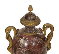 A Pair of Italian Gilt Bronze Mounted Rosso Levanto Marble Urns with Snake Handles