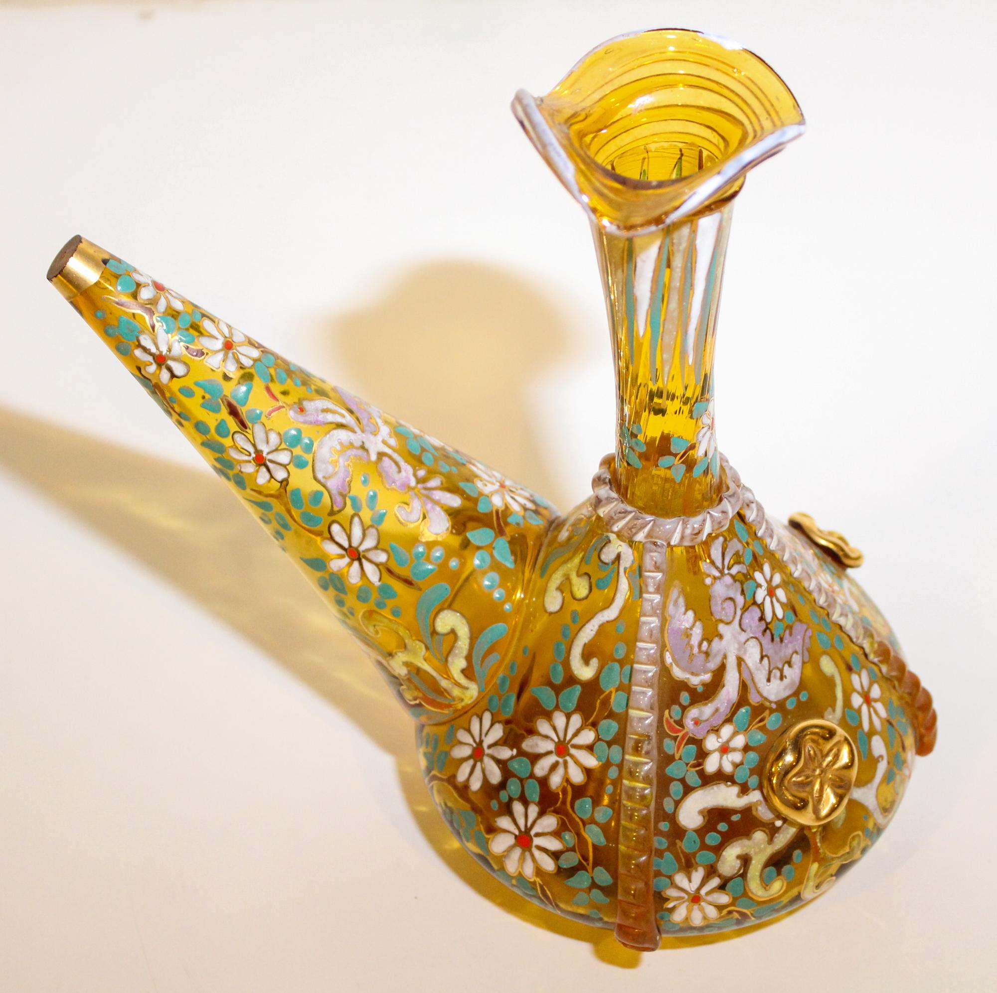 An Italian Enameled Glass Ewer Height 9 1/2 inches.