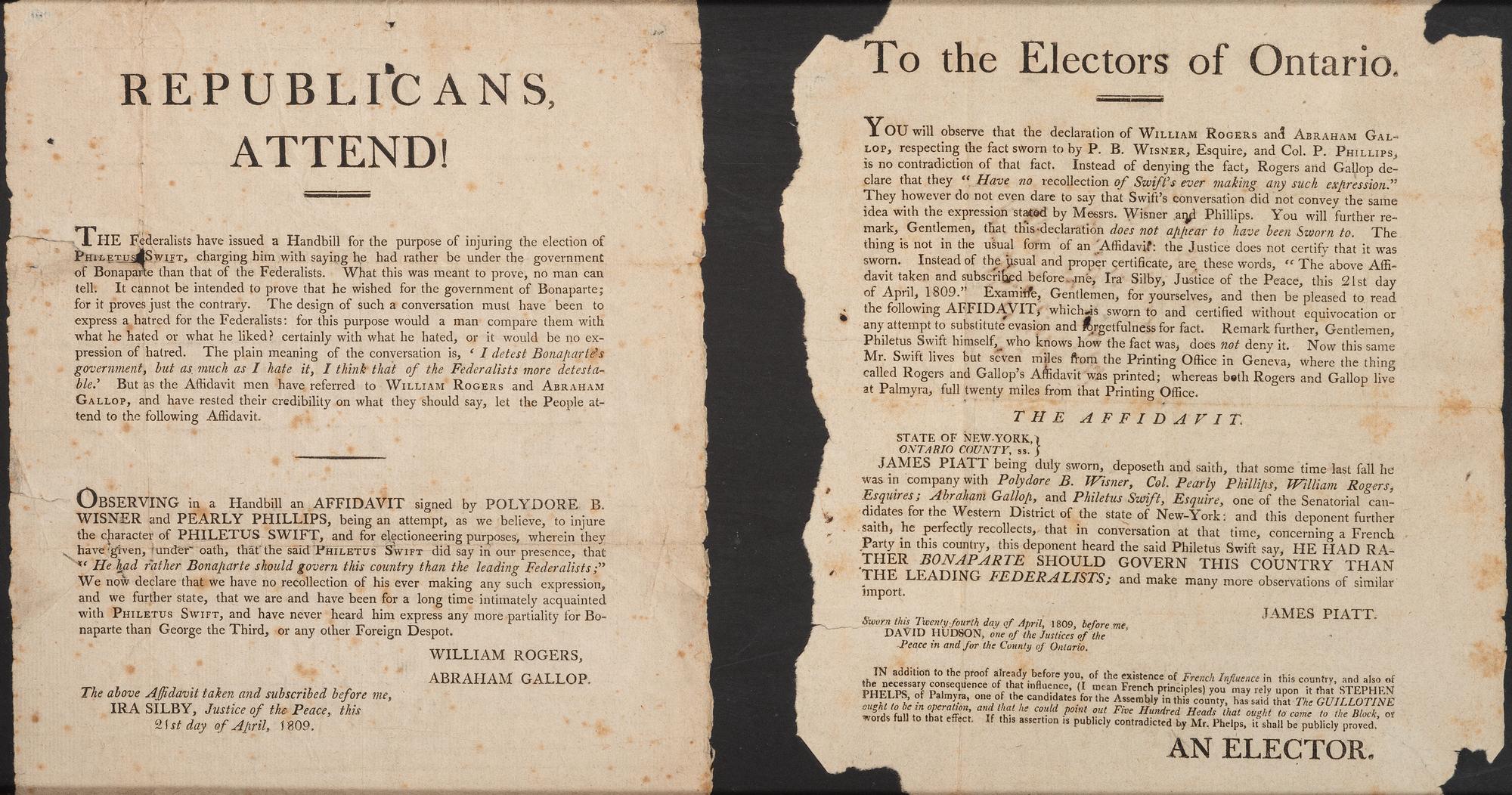 [POLITICS]. A group of 2 broadsides from Oneida County, New York in April 1809, incl. Republicans, Attend! and To the Electors of Ontario.