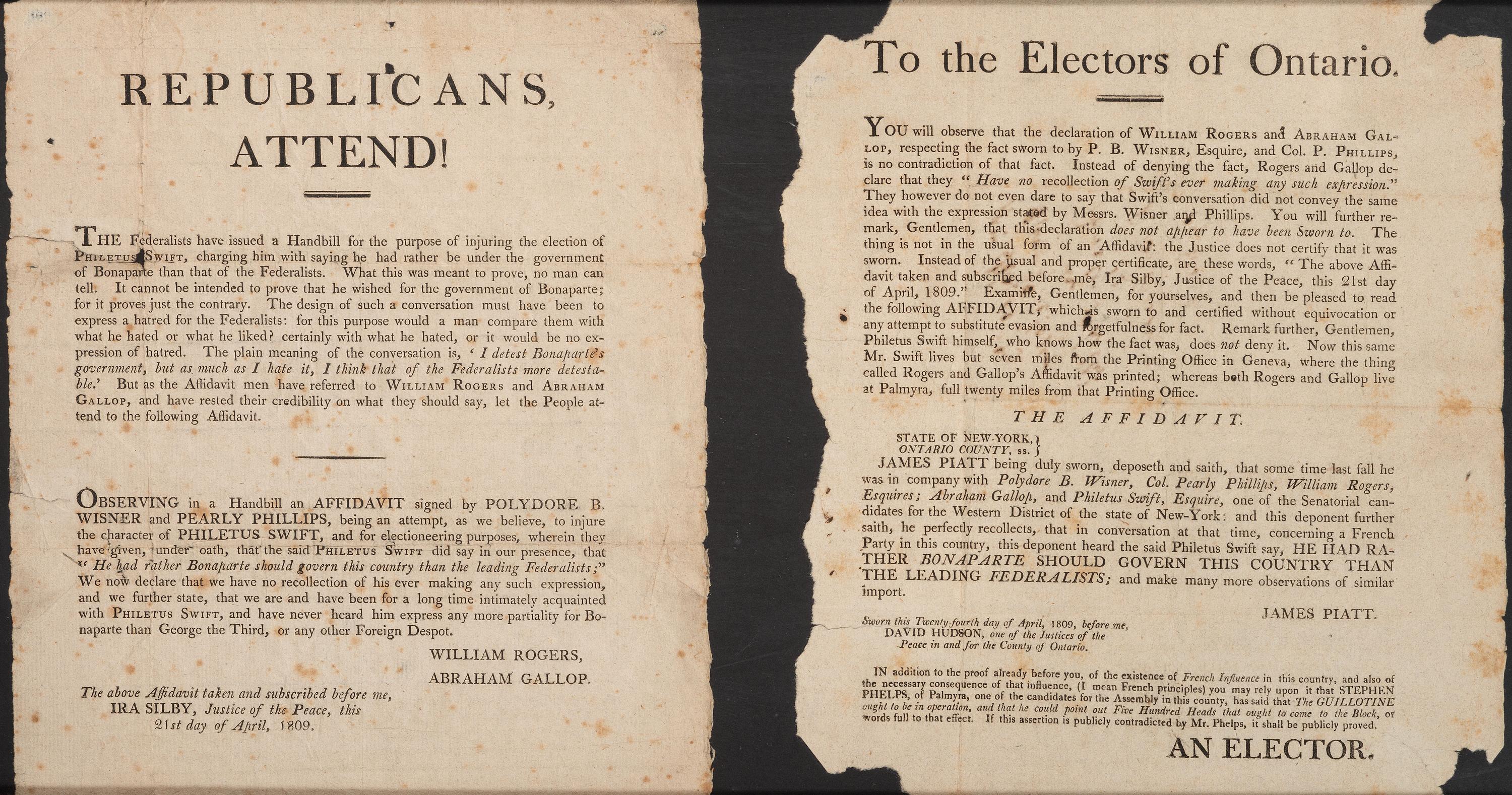 [POLITICS]. A group of 2 broadsides from Oneida County, New York in April 1809, incl. Republicans, Attend! and To the Electors of Ontario.