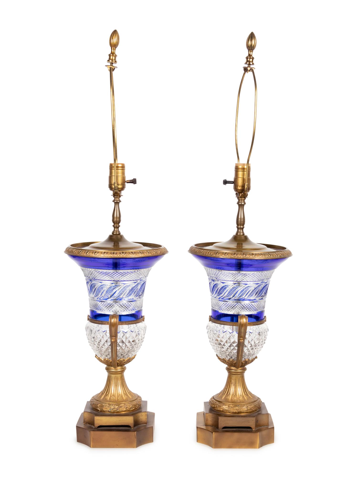 A Pair of French Gilt Bronze Mounted Cut Cobalt and Clear Glass Urns Mounted as Lamps