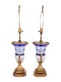 A Pair of French Gilt Bronze Mounted Cut Cobalt and Clear Glass Urns Mounted as Lamps