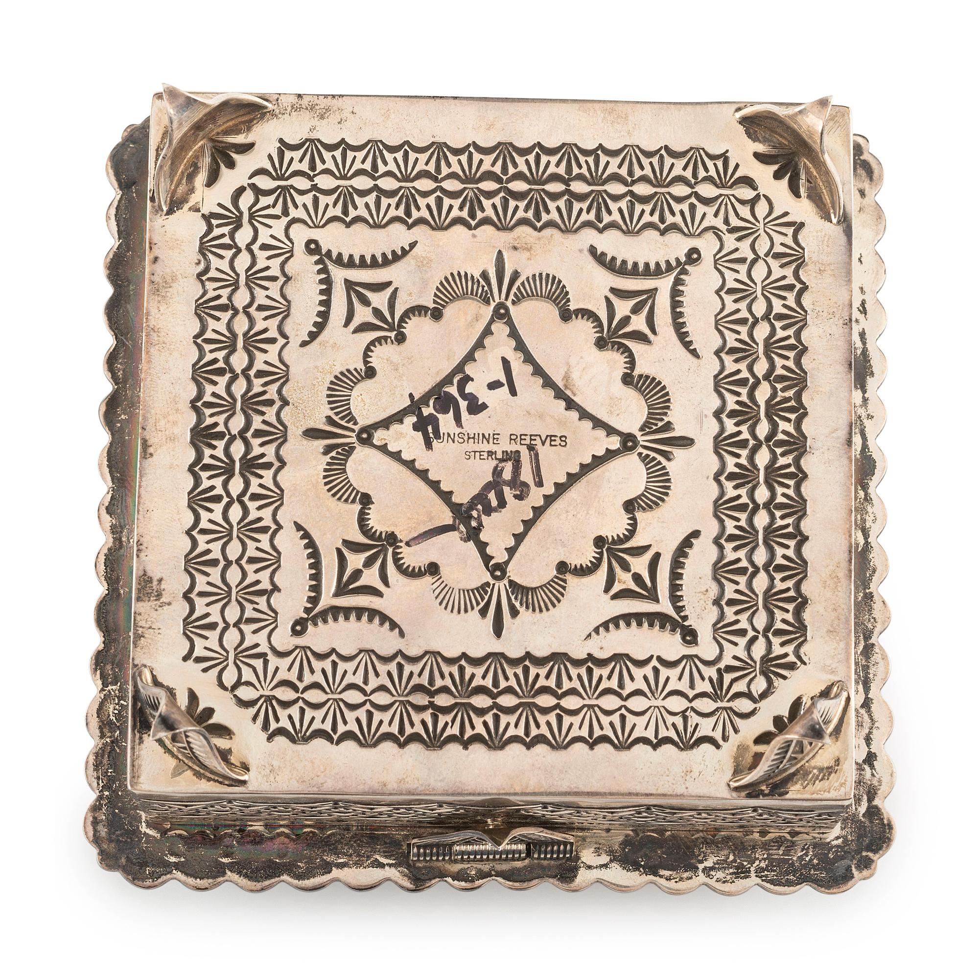 Heavily Stamped Sterling Silver Lidded Box, with Turquoise and Coral Inlay
